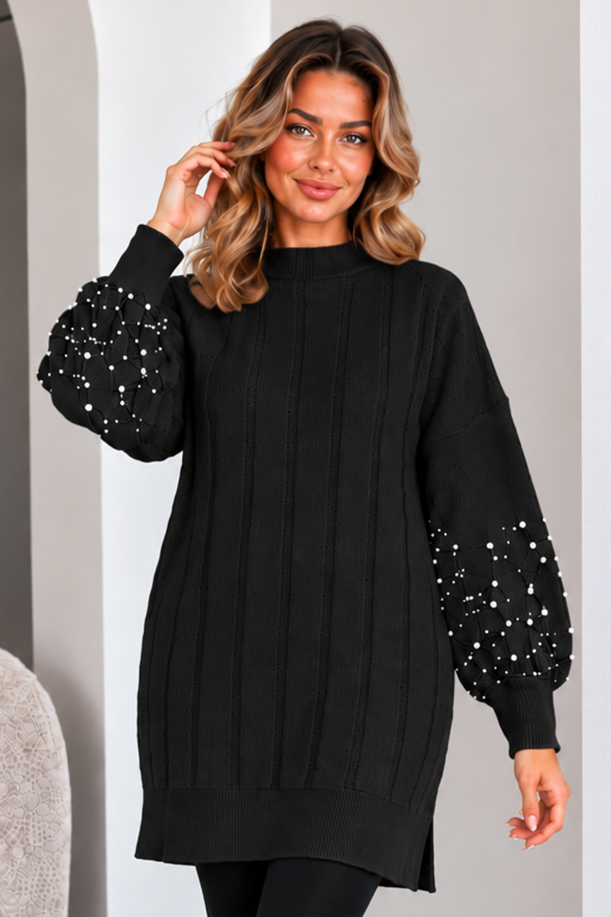Knit Sweater With Pearl Sleeve Details K6042 Black