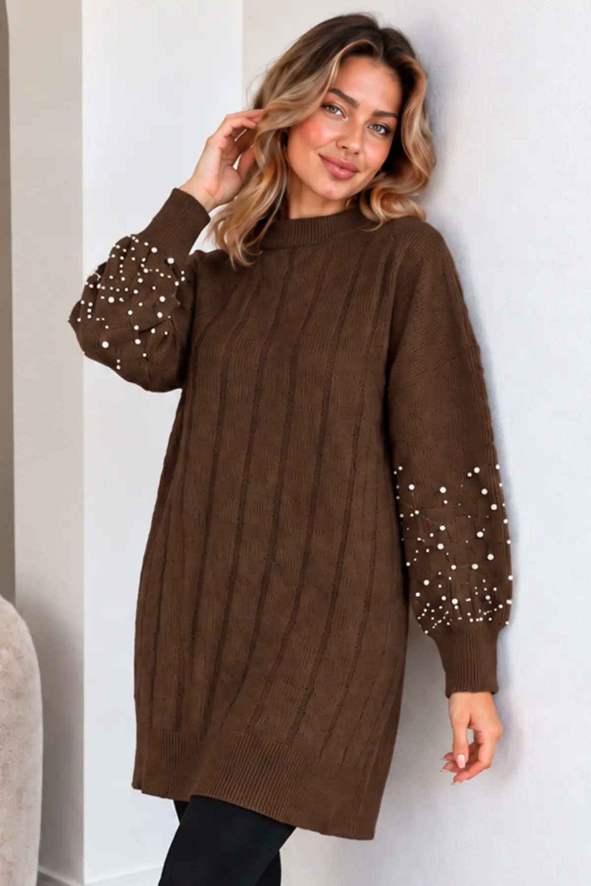 Knit Sweater With Pearl Sleeve Details K6042 Brown-detail