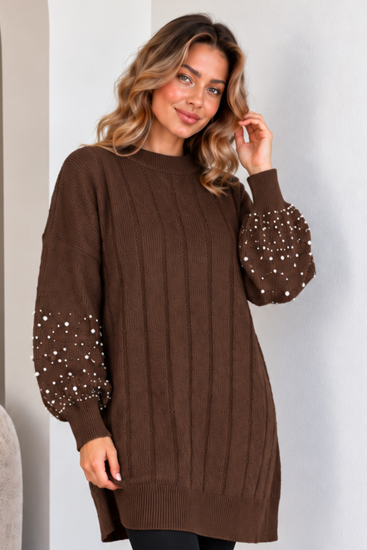 Knit Sweater With Pearl Sleeve Details K6042 Brown