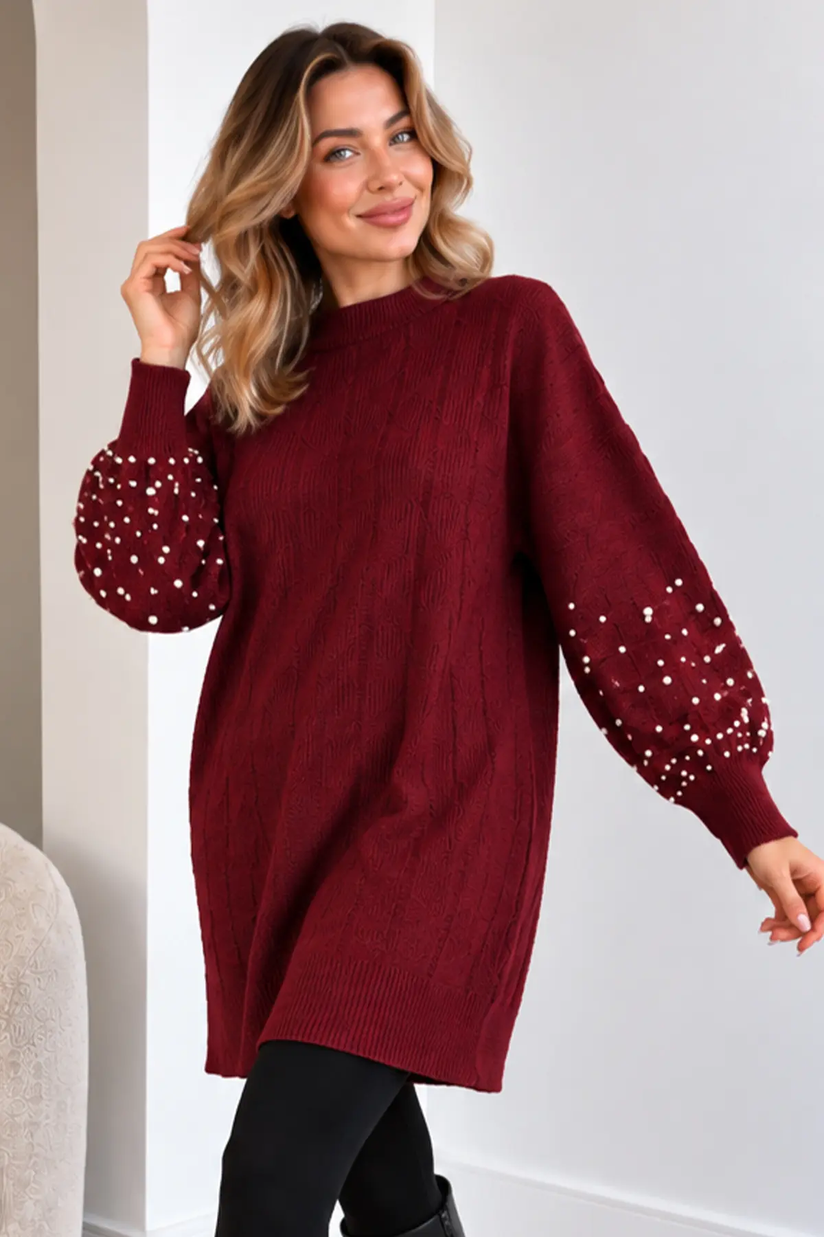 Knit Sweater With Pearl Sleeve Details K6042 Burgundy-detail
