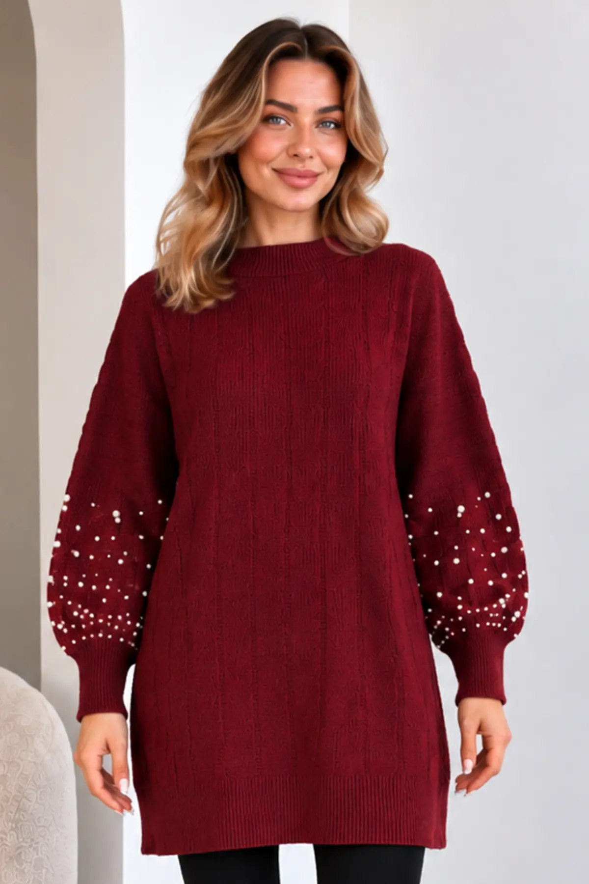 Knit Sweater With Pearl Sleeve Details K6042 Burgundy-detail