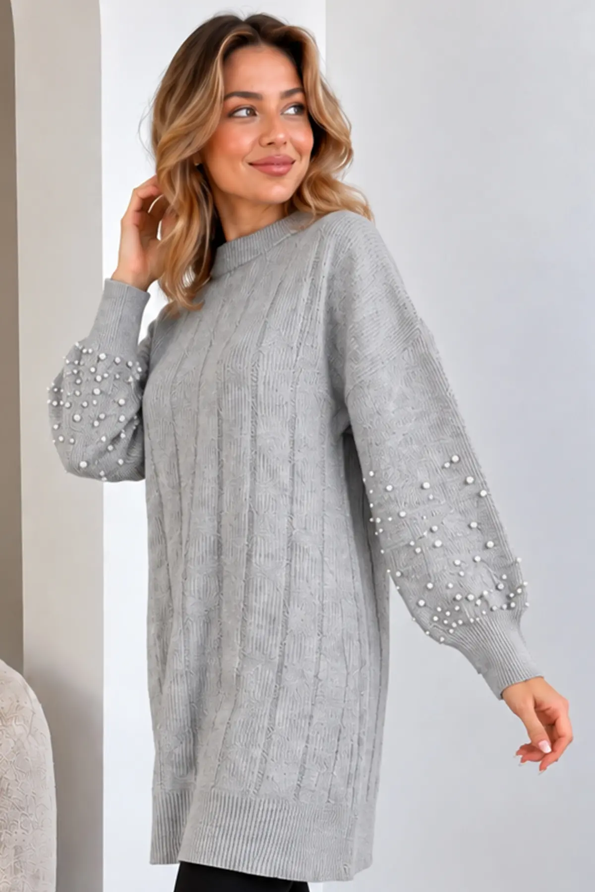 Knit Sweater With Pearl Sleeve Details K6042 Grey-detail