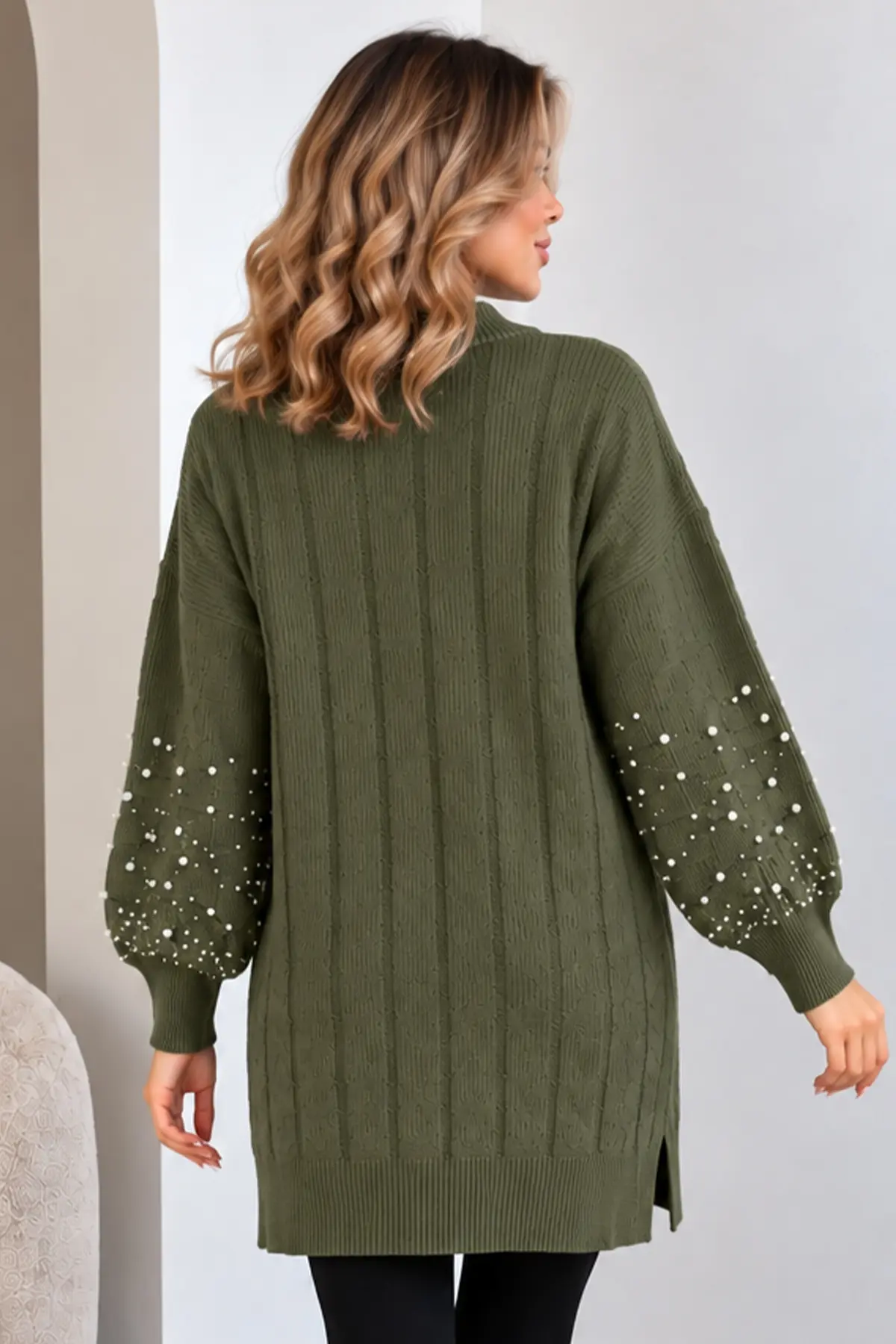 Knit Sweater With Pearl Sleeve Details K6042 Khaki-detail