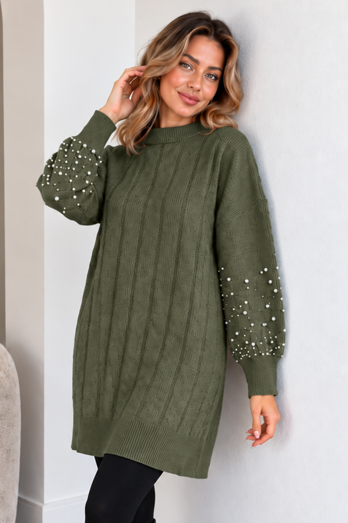 Knit Sweater With Pearl Sleeve Details K6042 Khaki