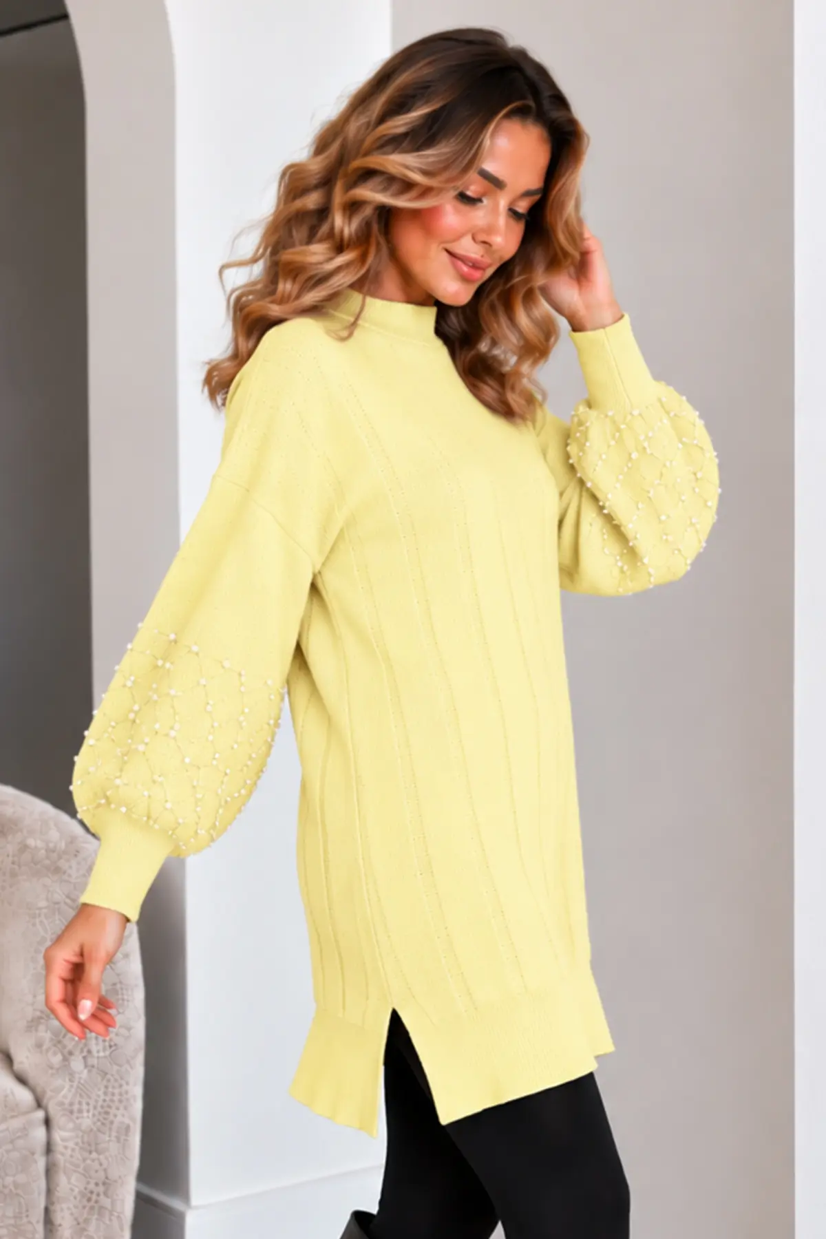 Knit Sweater With Pearl Sleeve Details K6042 Lemon Yellow-detail