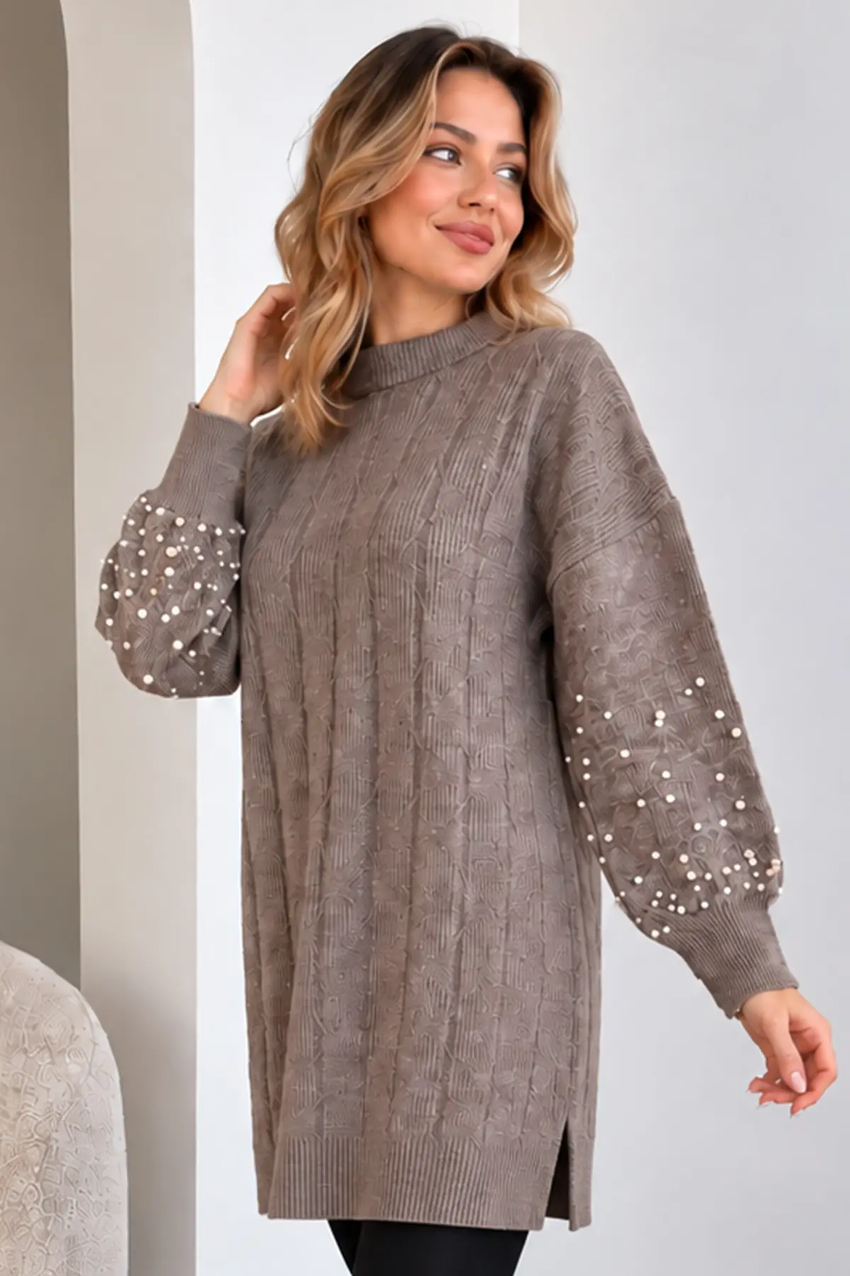 Knit Sweater With Pearl Sleeve Details K6042 Mink-detail