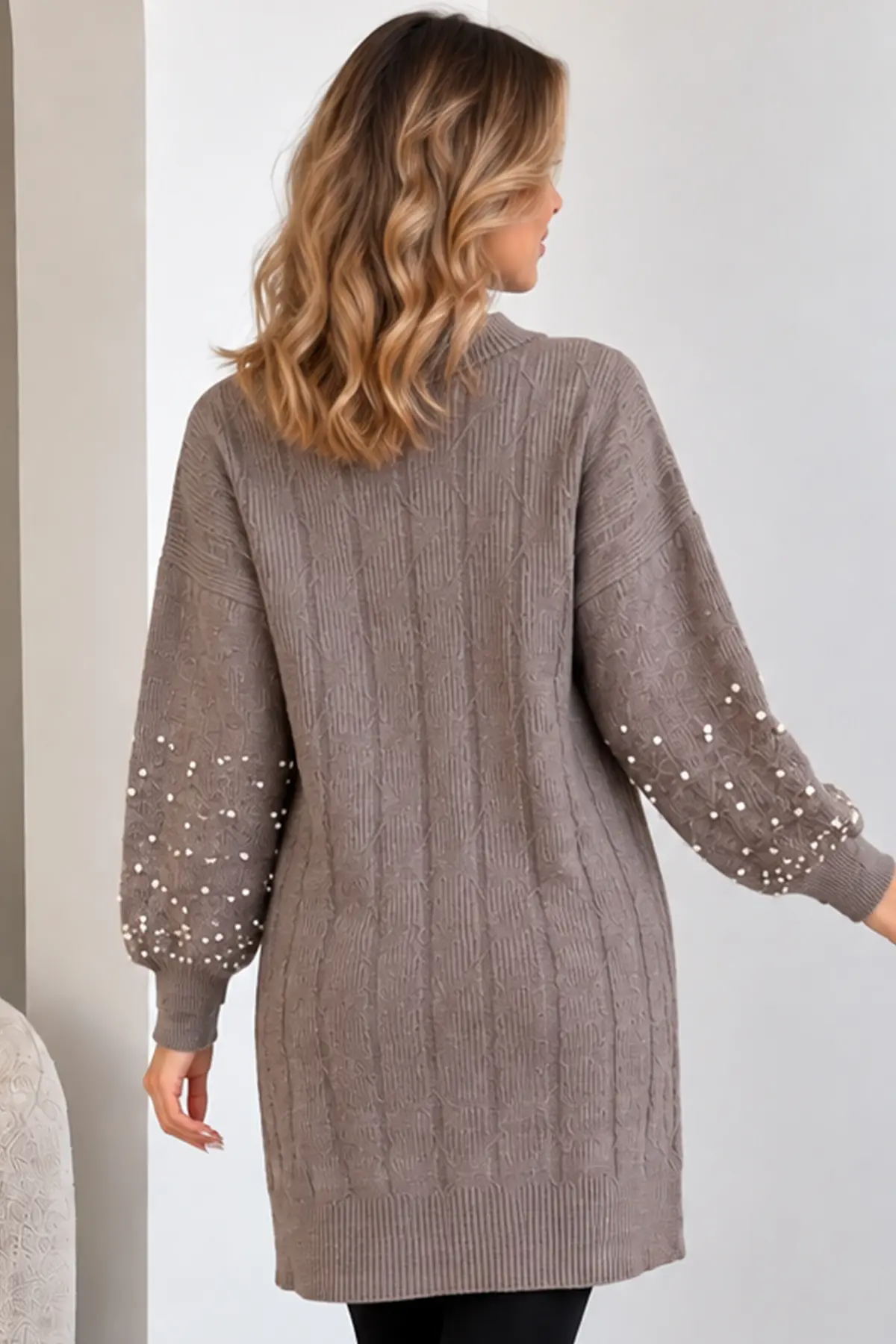 Knit Sweater With Pearl Sleeve Details K6042 Mink-detail