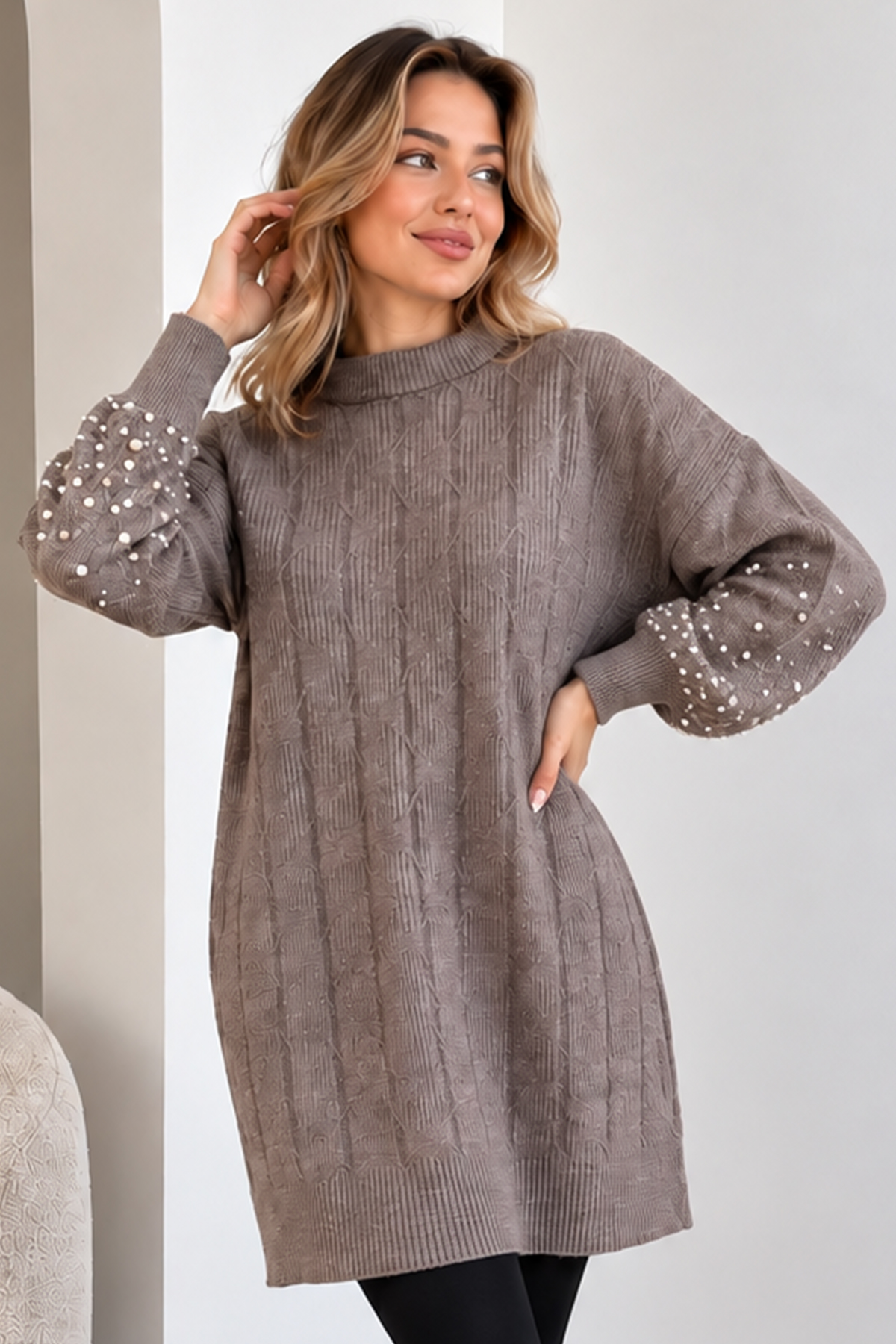 Knit Sweater With Pearl Sleeve Details K6042 Mink