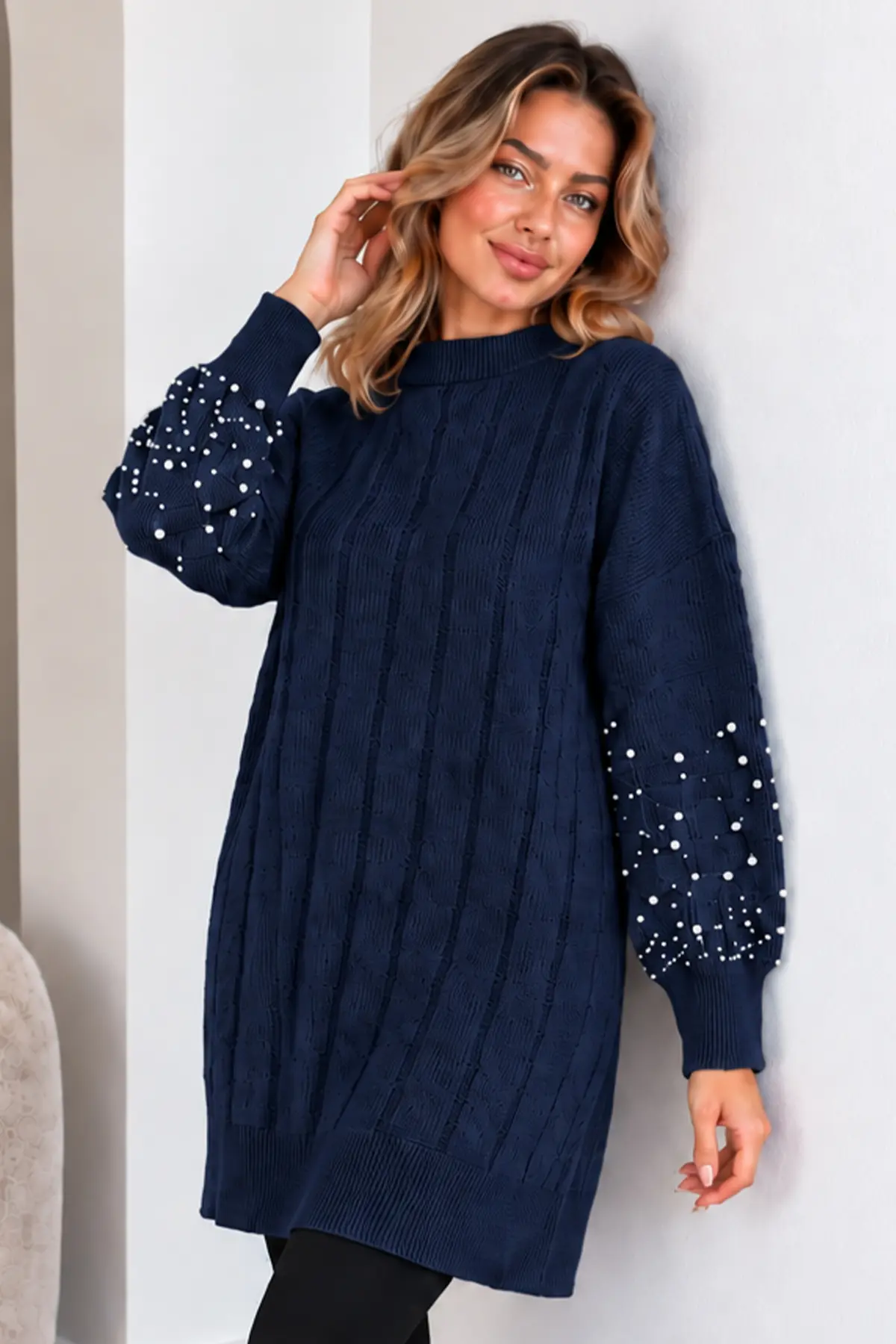 Knit Sweater With Pearl Sleeve Details K6042 Navy Blue-detail
