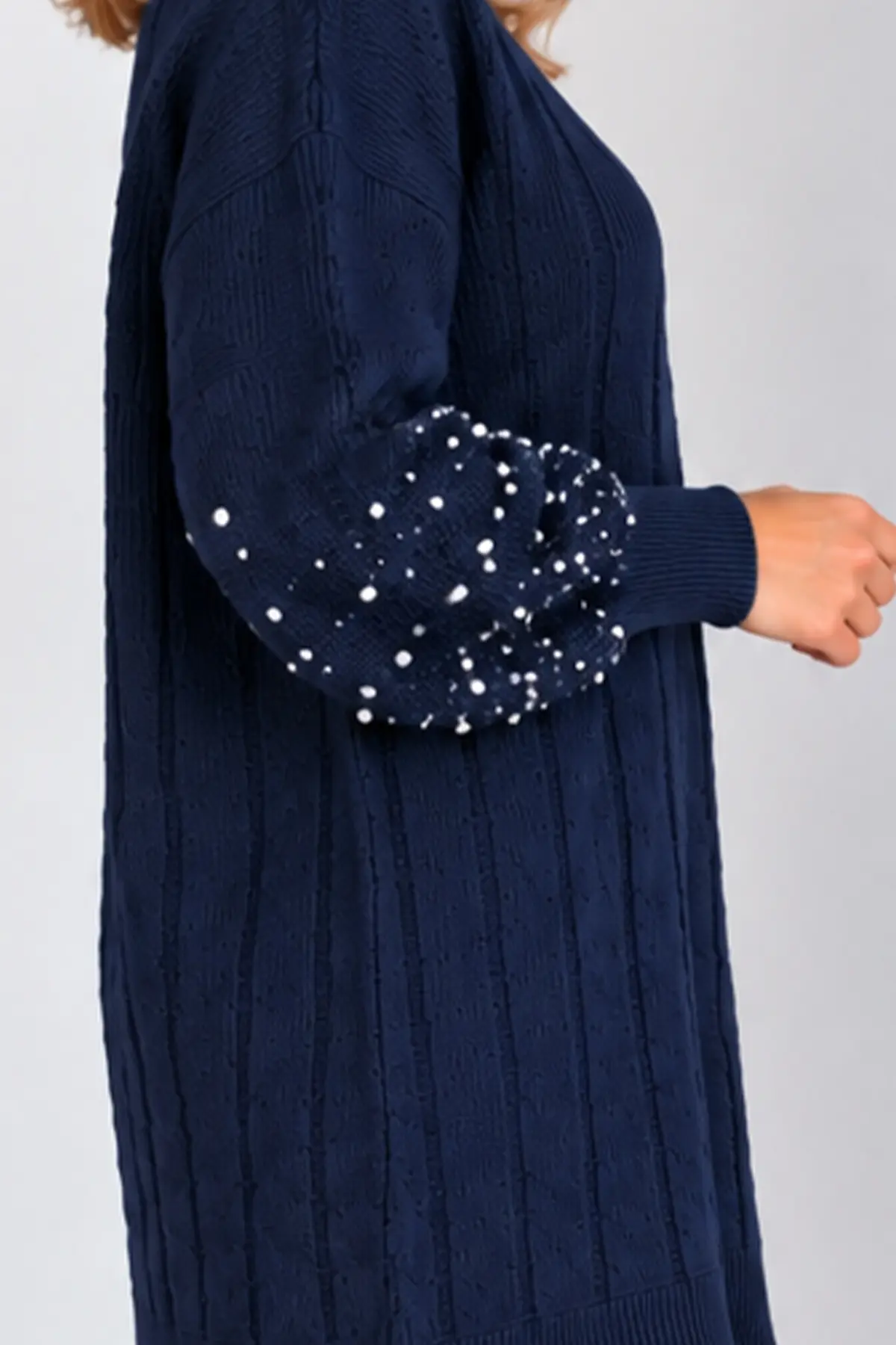 Knit Sweater With Pearl Sleeve Details K6042 Navy Blue-detail