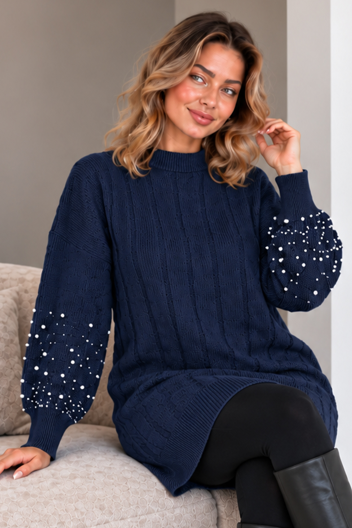 Knit Sweater With Pearl Sleeve Details K6042 Navy Blue