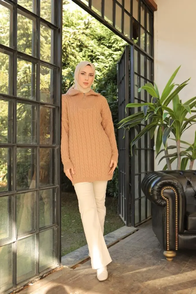 Knitted Patterned Knitted Sweater With Collar Zipper-detail