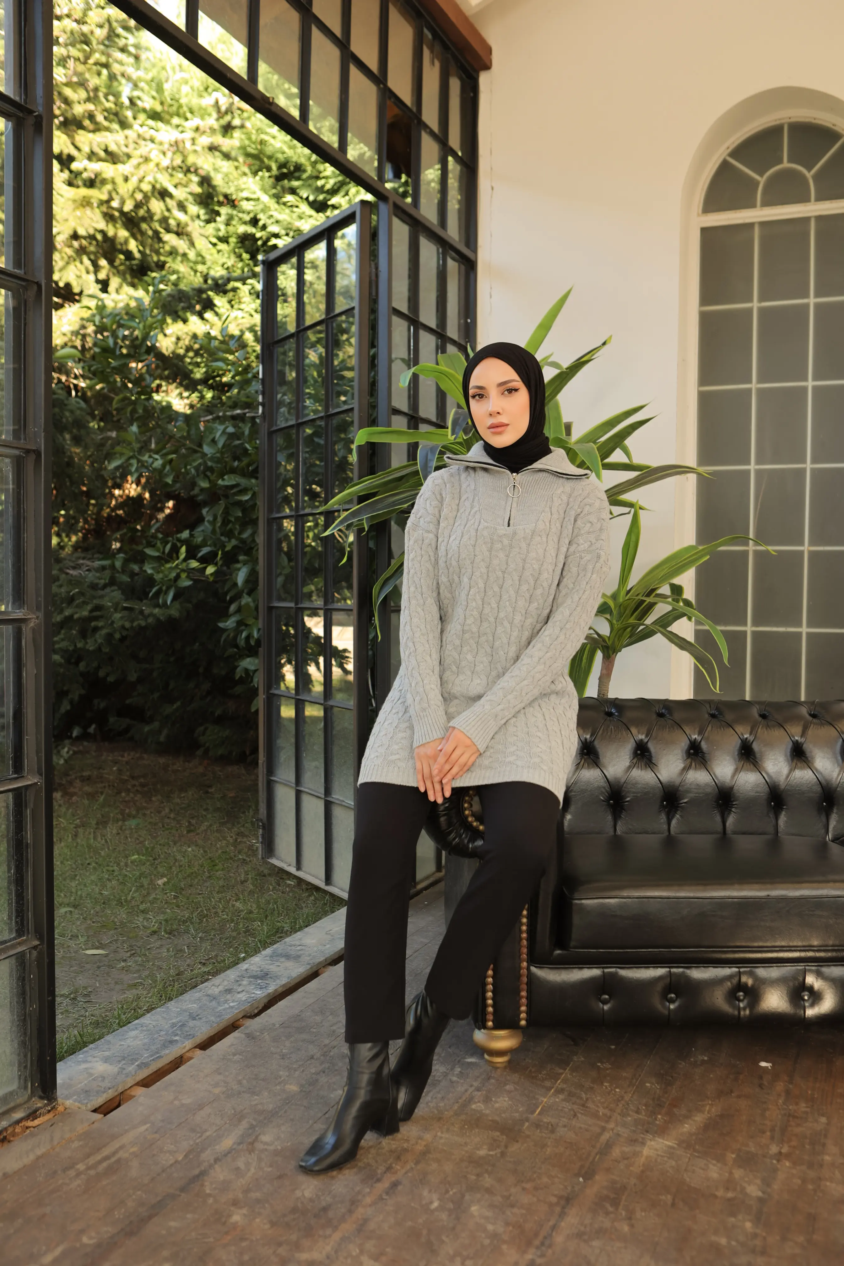 Knitted Patterned Knitted Sweater With Collar Zipper-detail