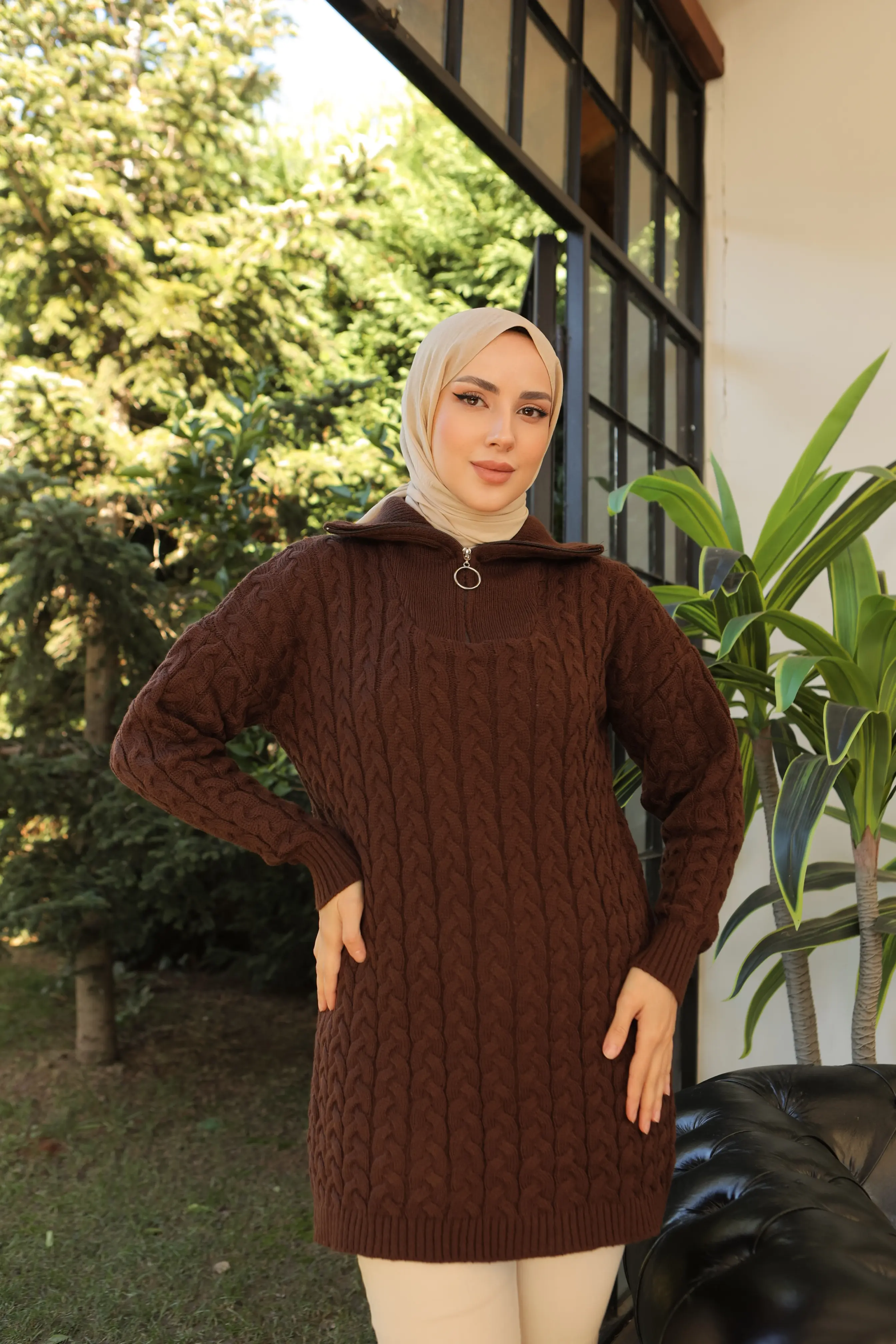 Knitted Patterned Knitted Sweater With Collar Zipper-detail