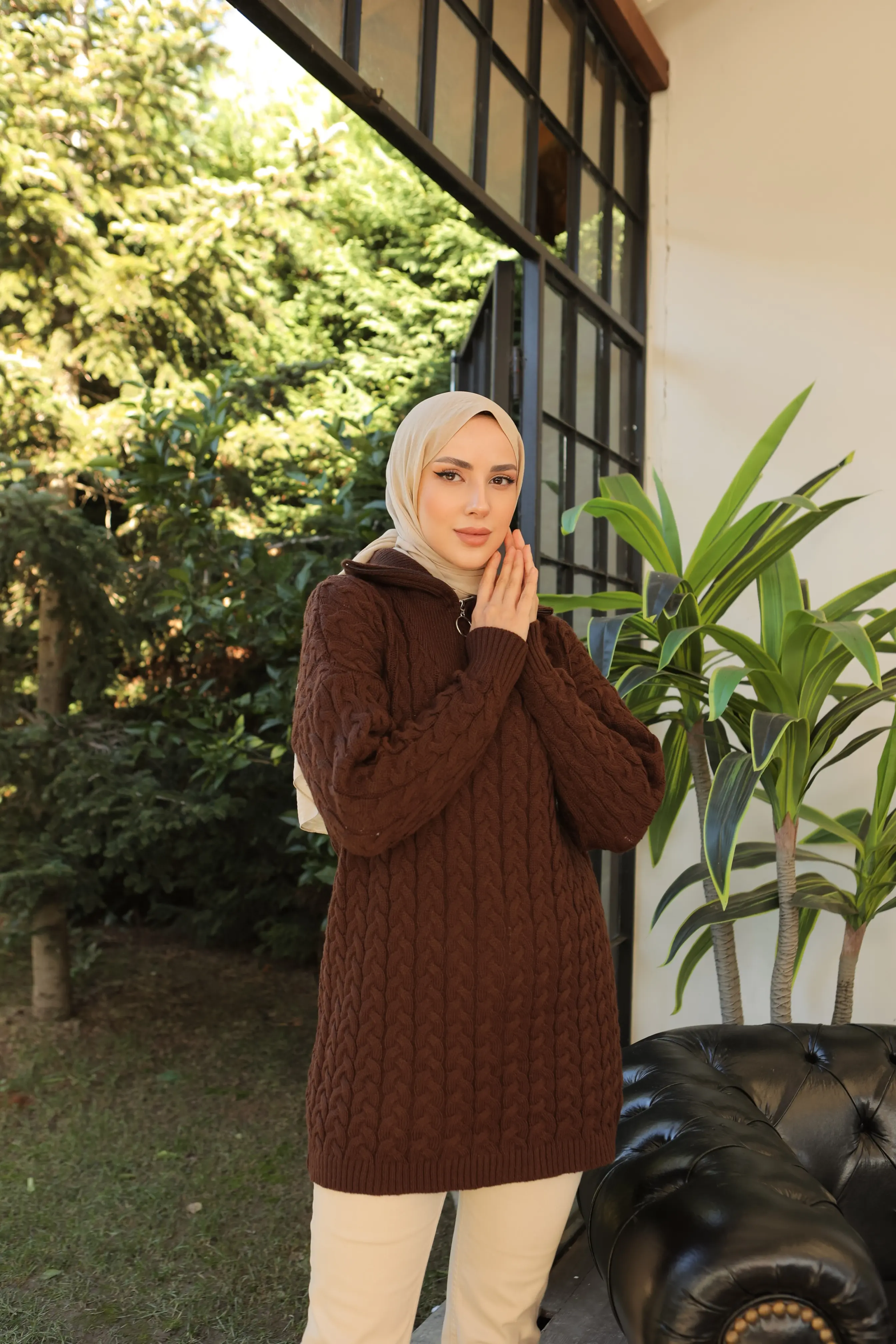 Knitted Patterned Knitted Sweater With Collar Zipper-detail