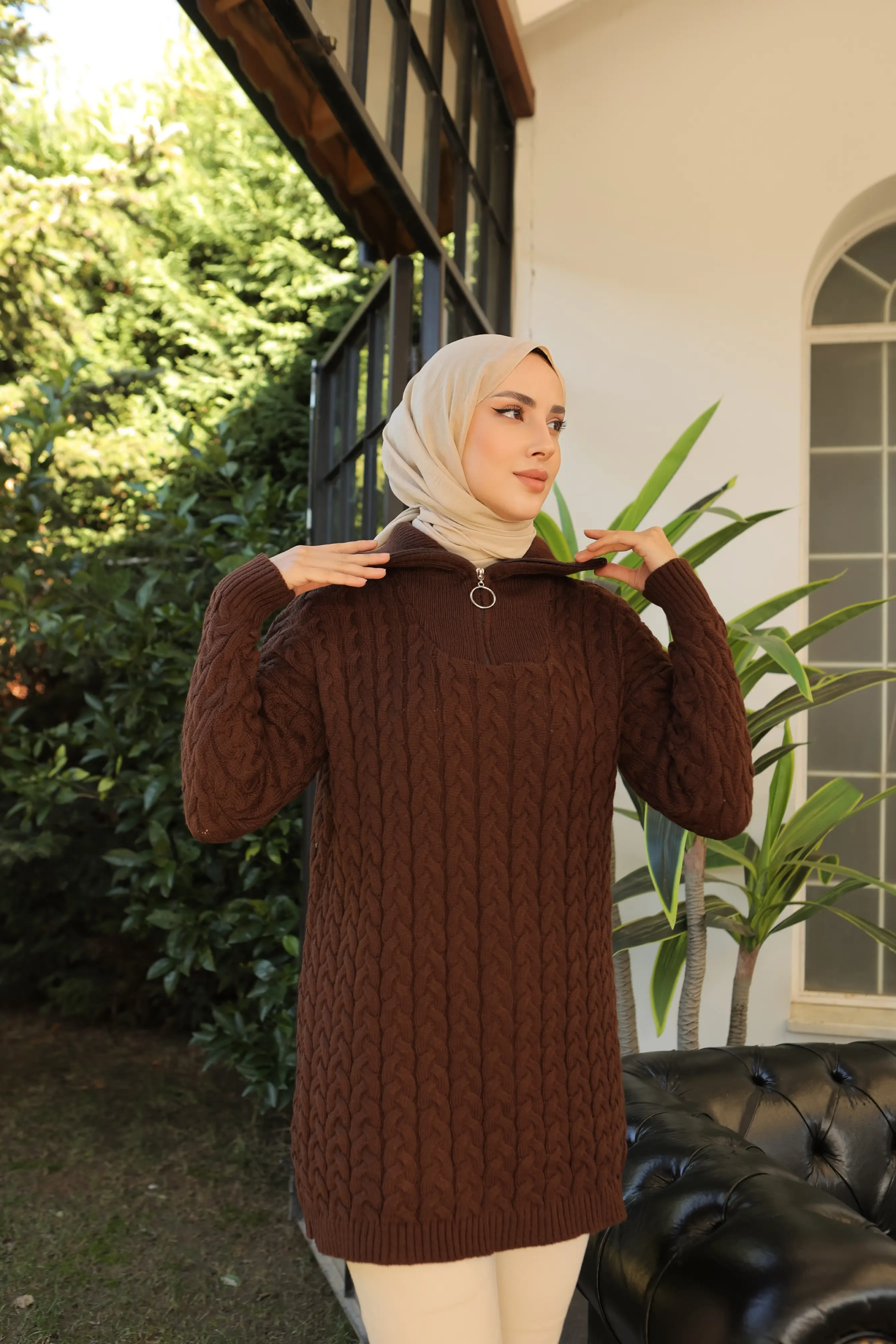 Knitted Patterned Knitted Sweater With Collar Zipper-detail