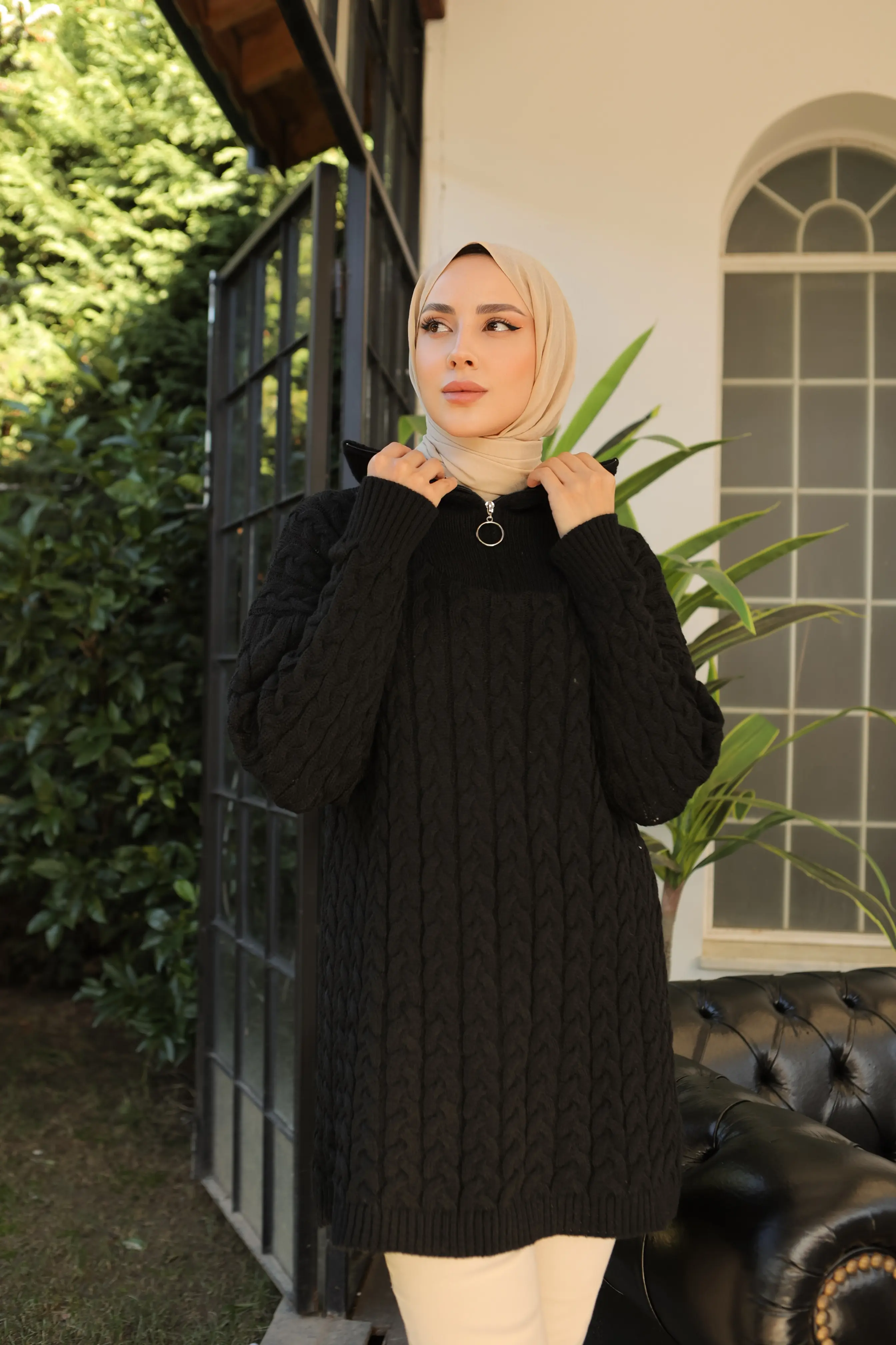 Knitted Patterned Knitted Sweater With Collar Zipper-detail