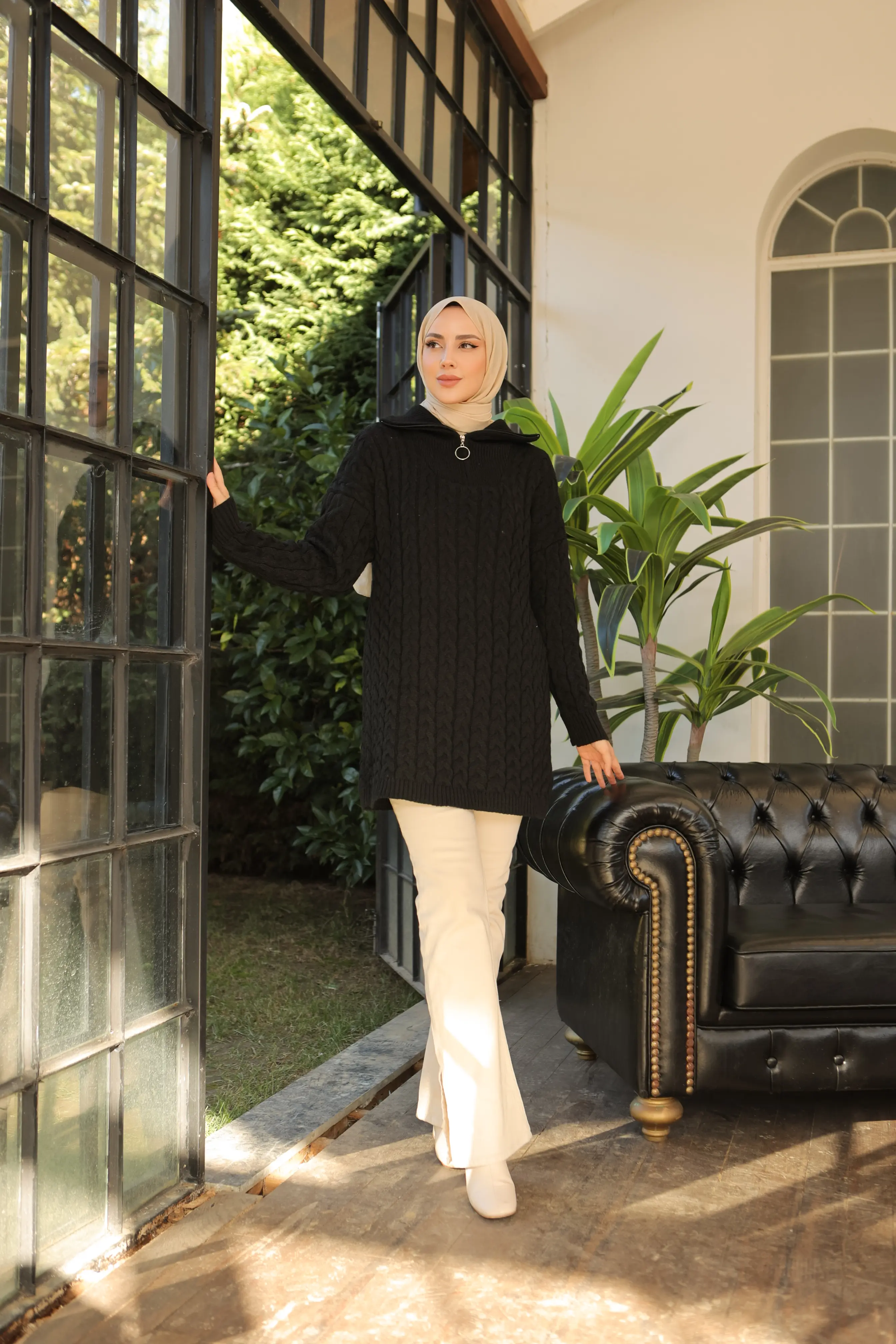 Knitted Patterned Knitted Sweater With Collar Zipper-detail