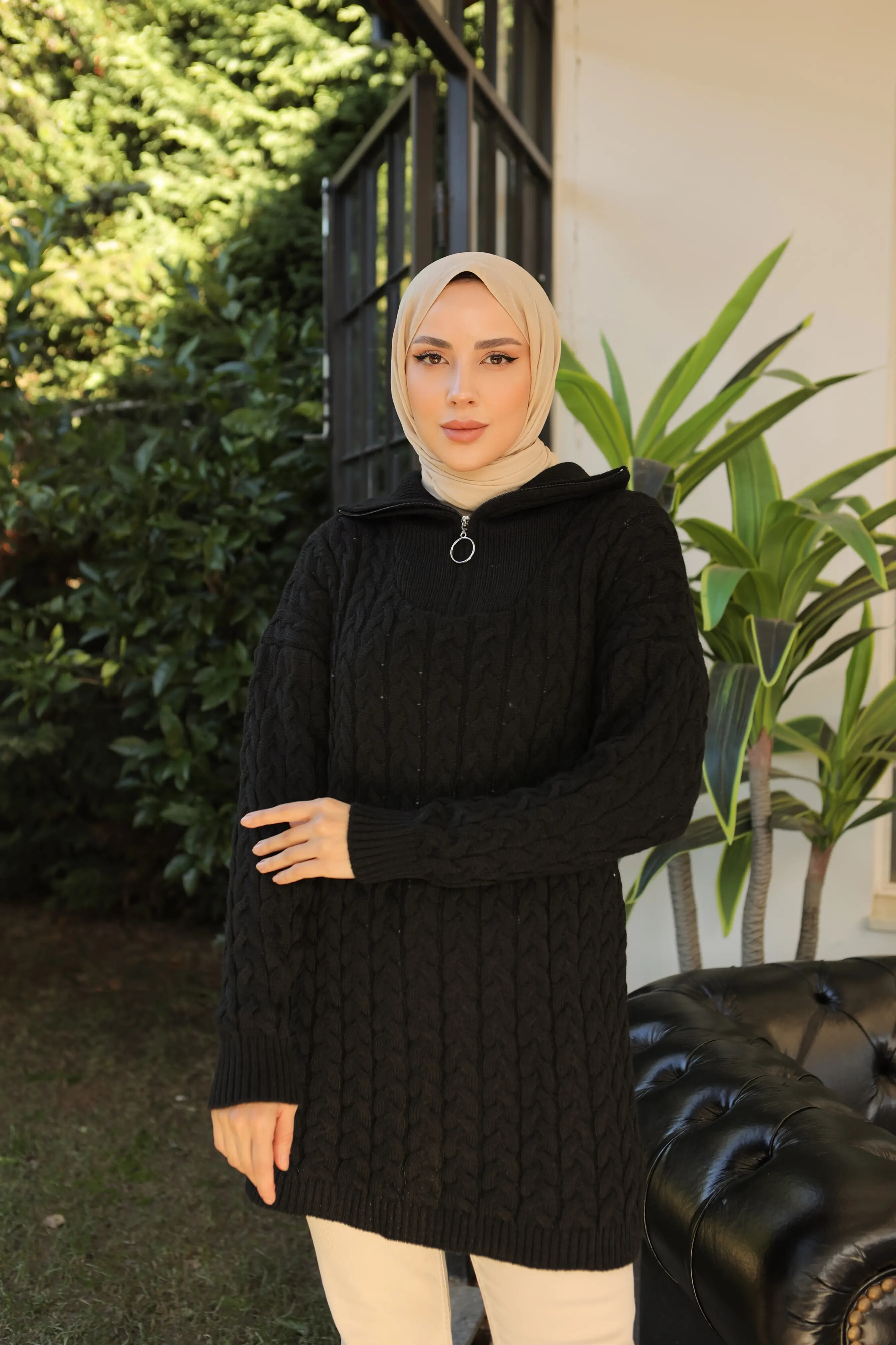 Knitted Patterned Knitted Sweater With Collar Zipper-detail