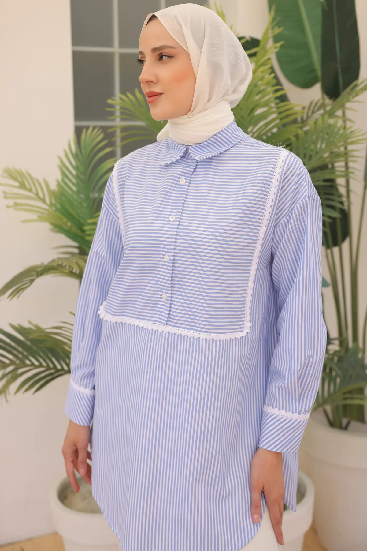 Lace Detailed Striped Casual Shirt-detail