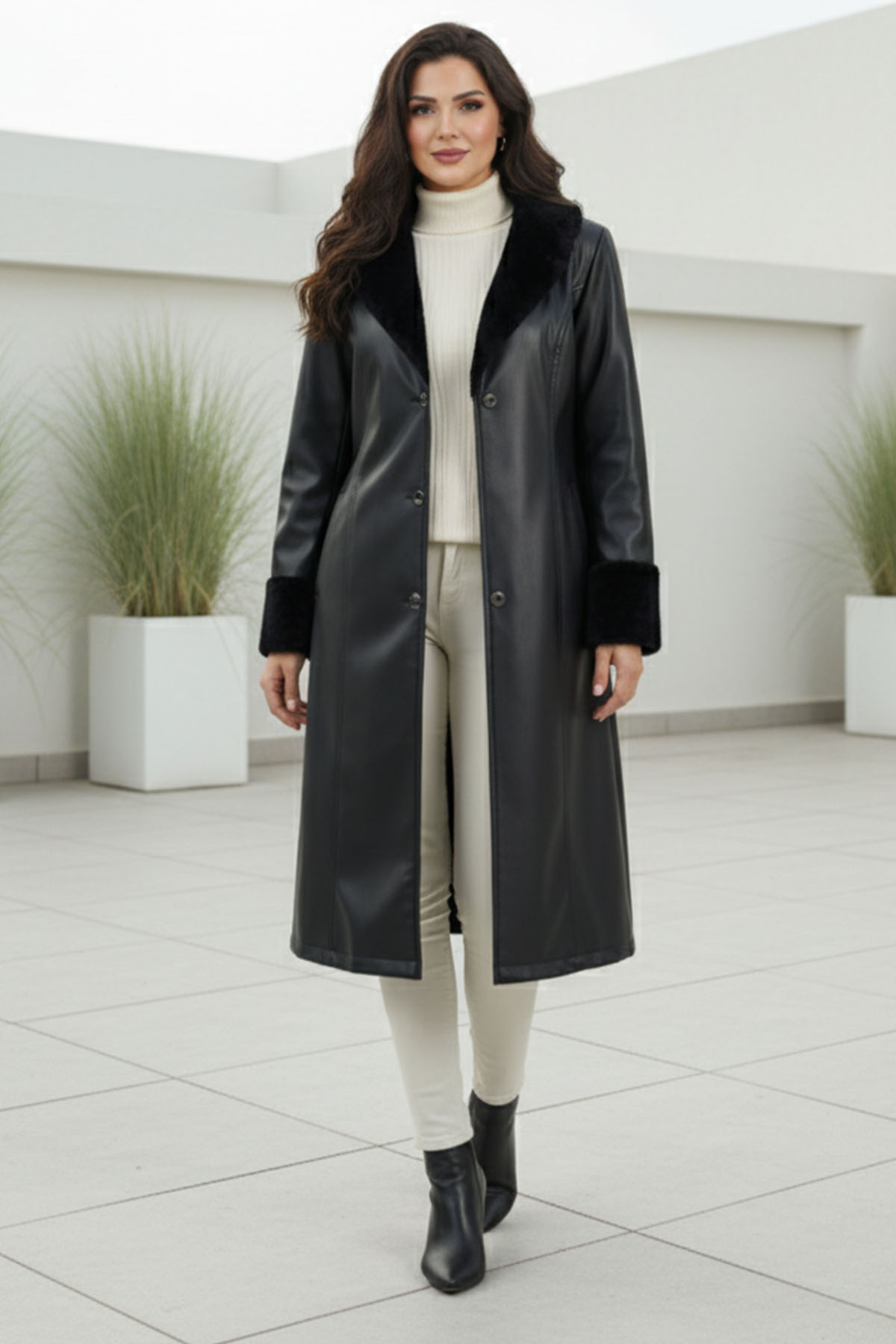 Leather Coat With Fur Detail On Collar And Sleeves