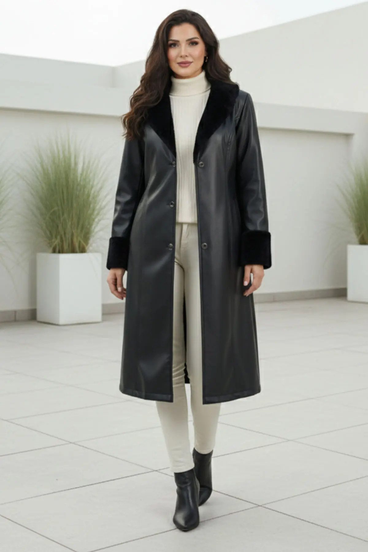 Leather Coat With Fur Detail On Collar And Sleeves