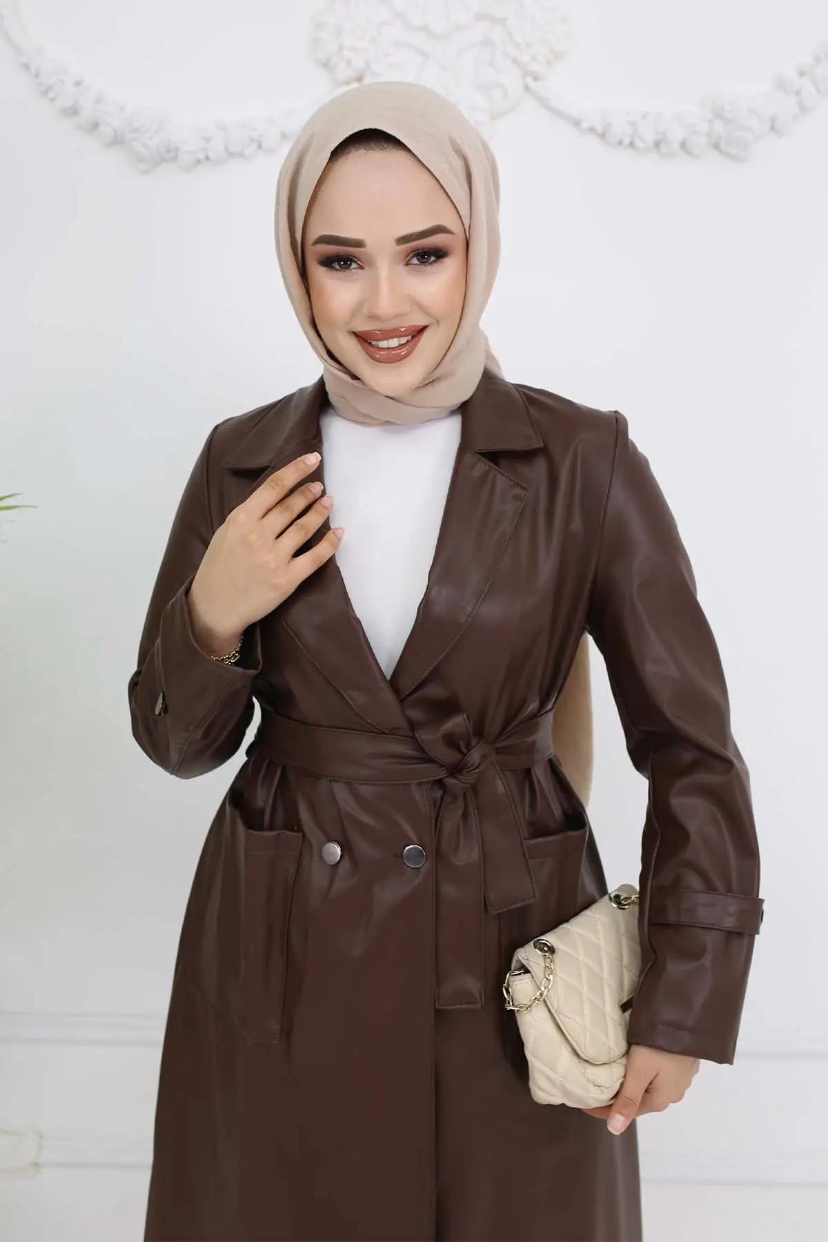 Leather Trench Coat With Pockets Brown-detail