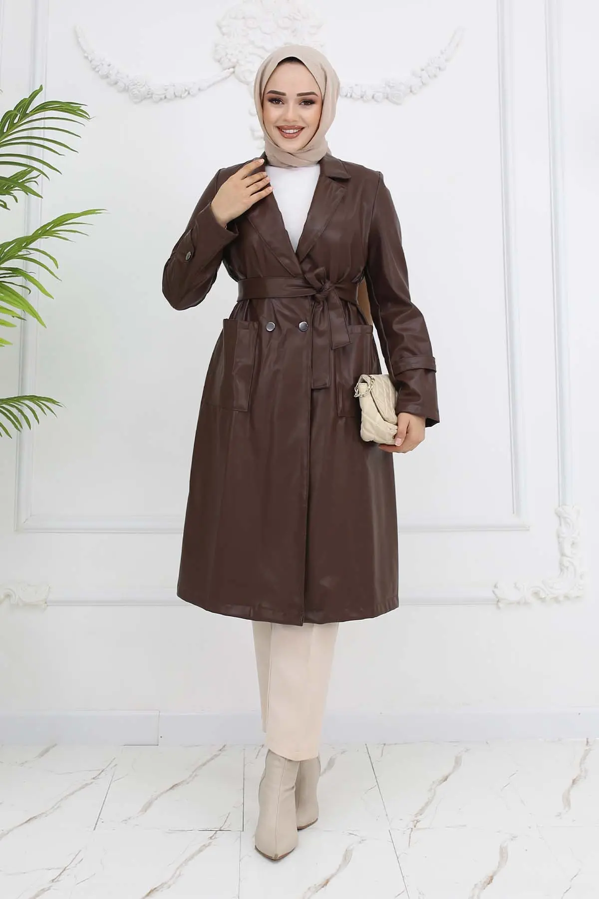 Leather Trench Coat With Pockets Brown-detail