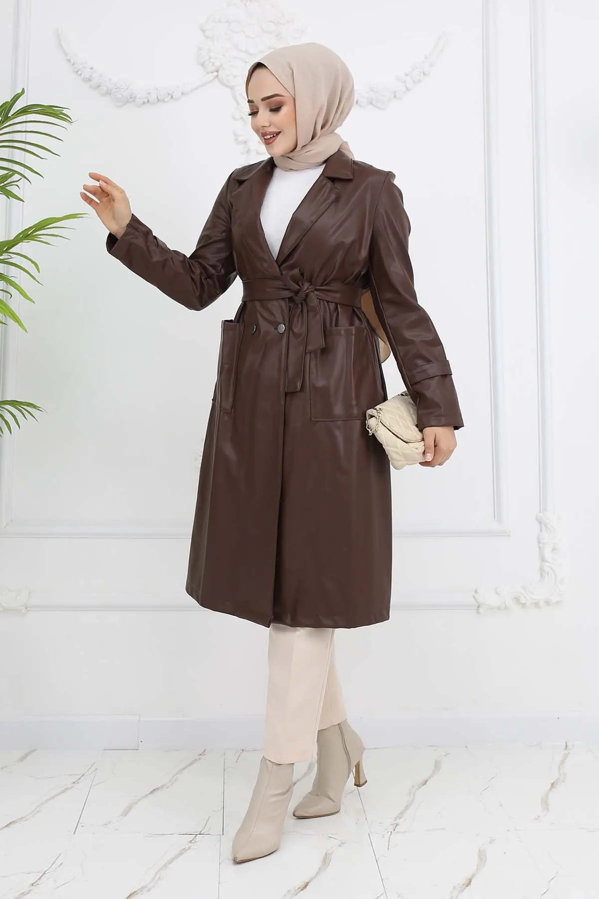 Leather Trench Coat With Pockets Brown-detail