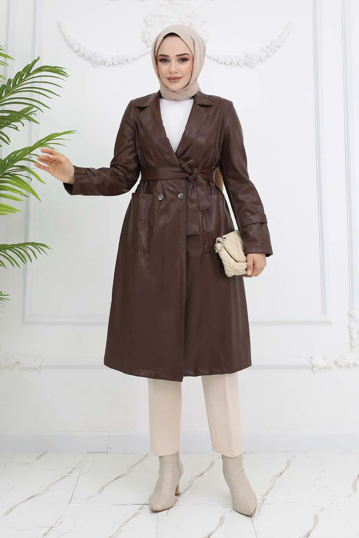 Leather Trench Coat With Pockets Brown-detail