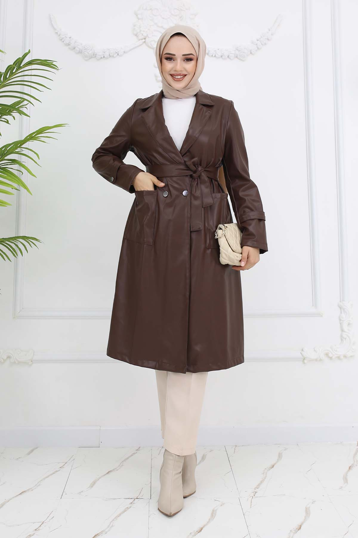 Leather Trench Coat With Pockets Brown