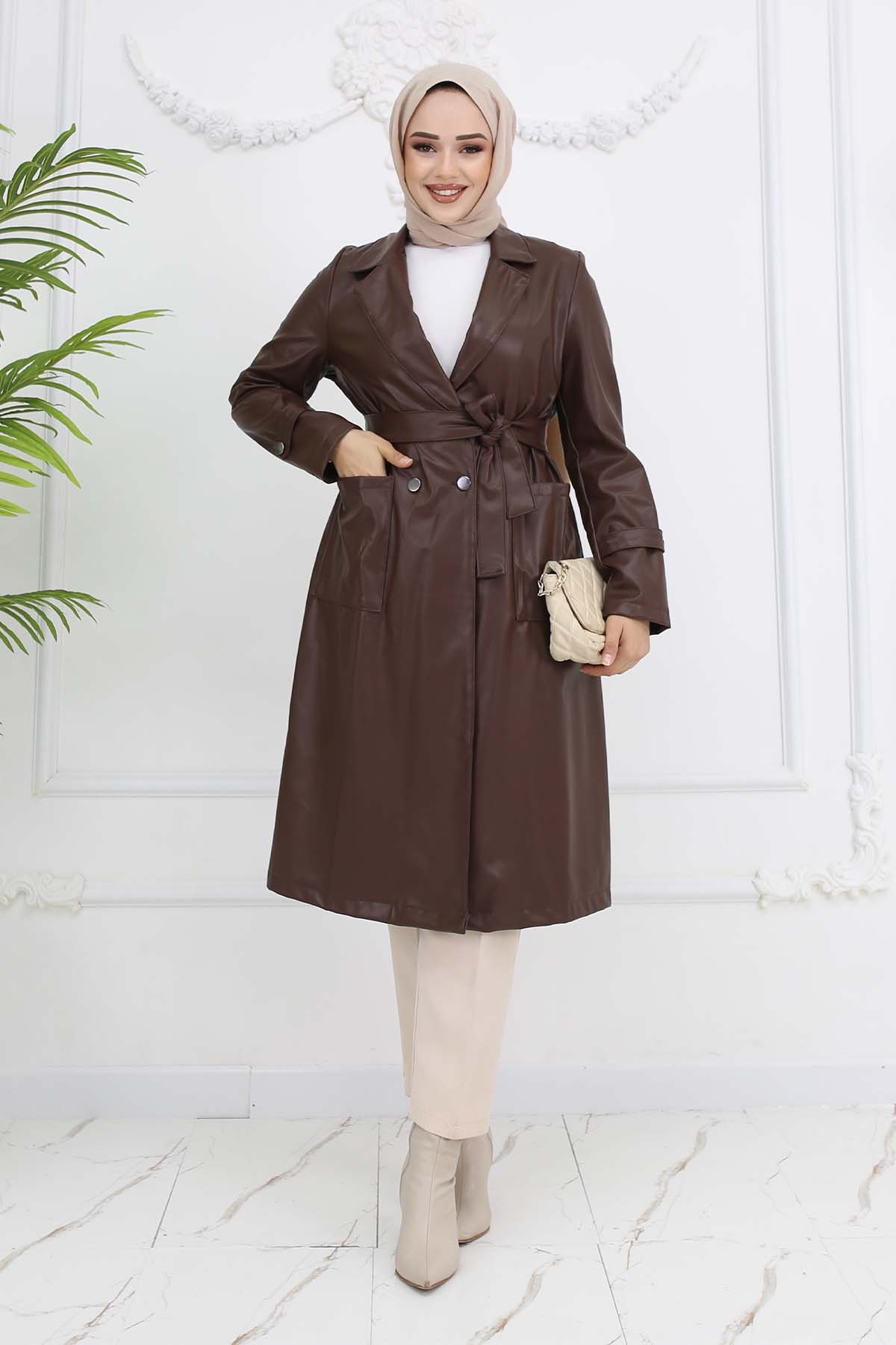 Leather Trench Coat With Pockets Brown