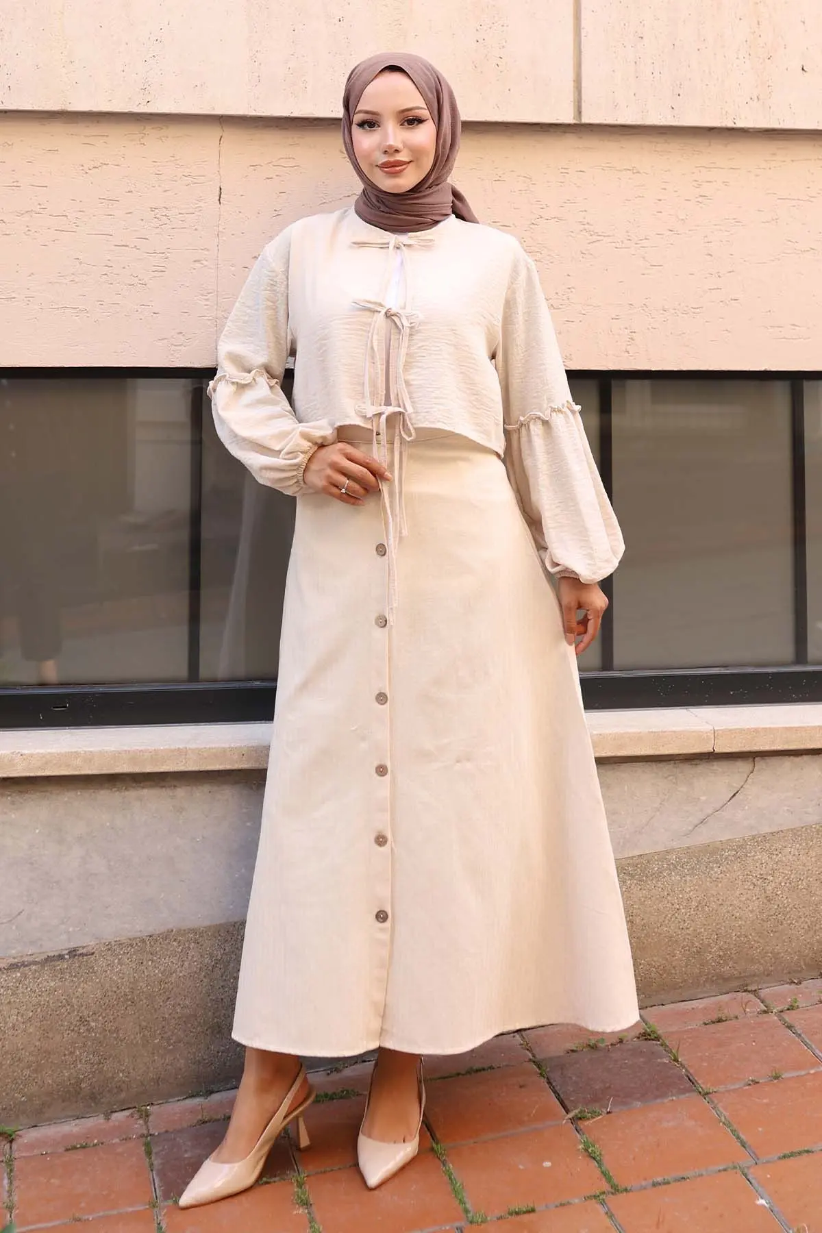 Linen Skirt With Buttons In Front Stone Color-detail