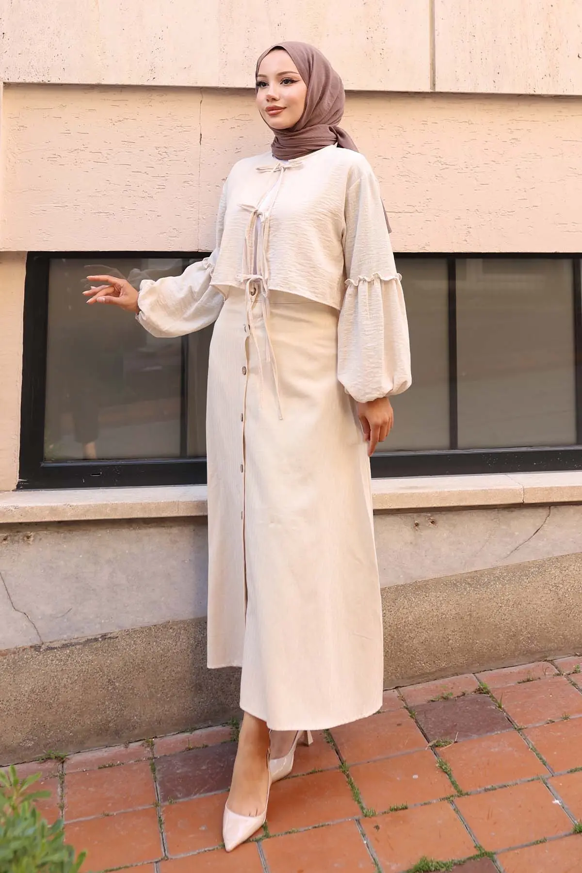 Linen Skirt With Buttons In Front Stone Color-detail