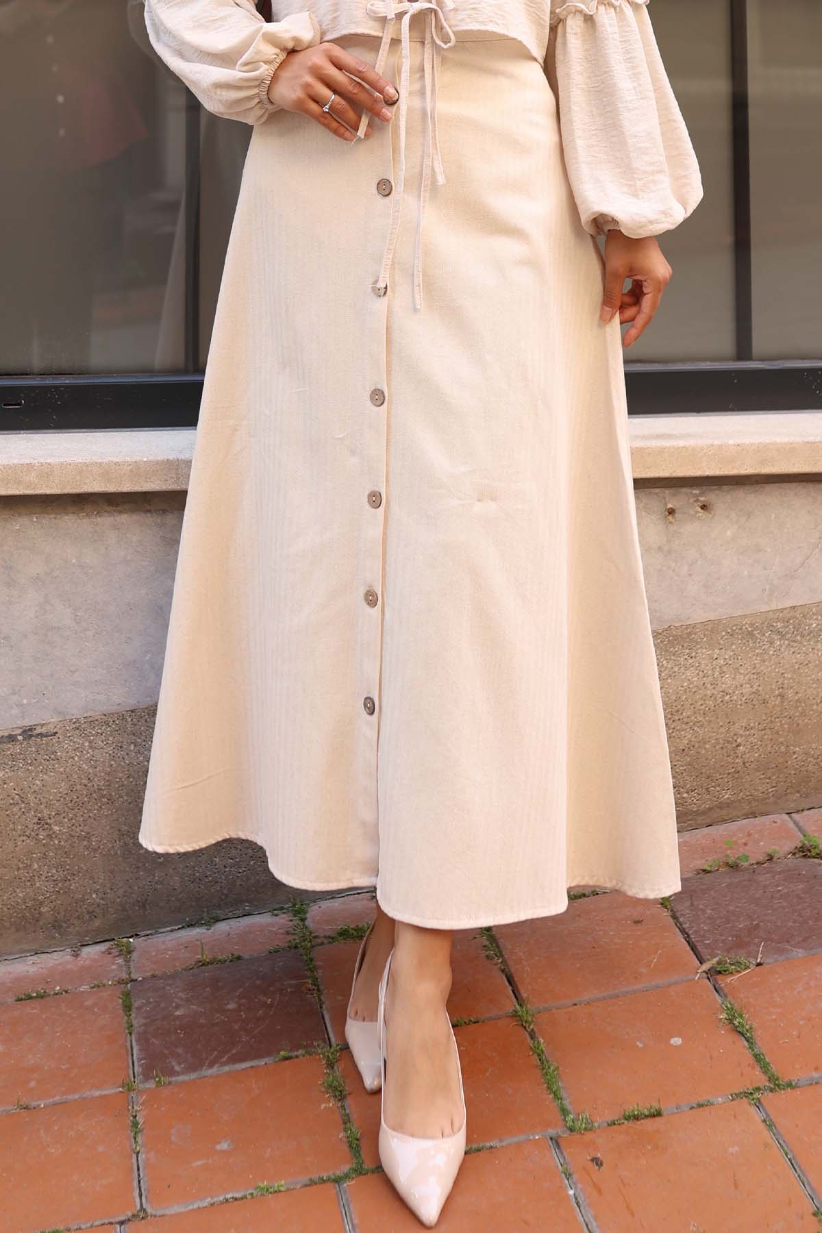 Linen Skirt With Buttons In Front Stone Color