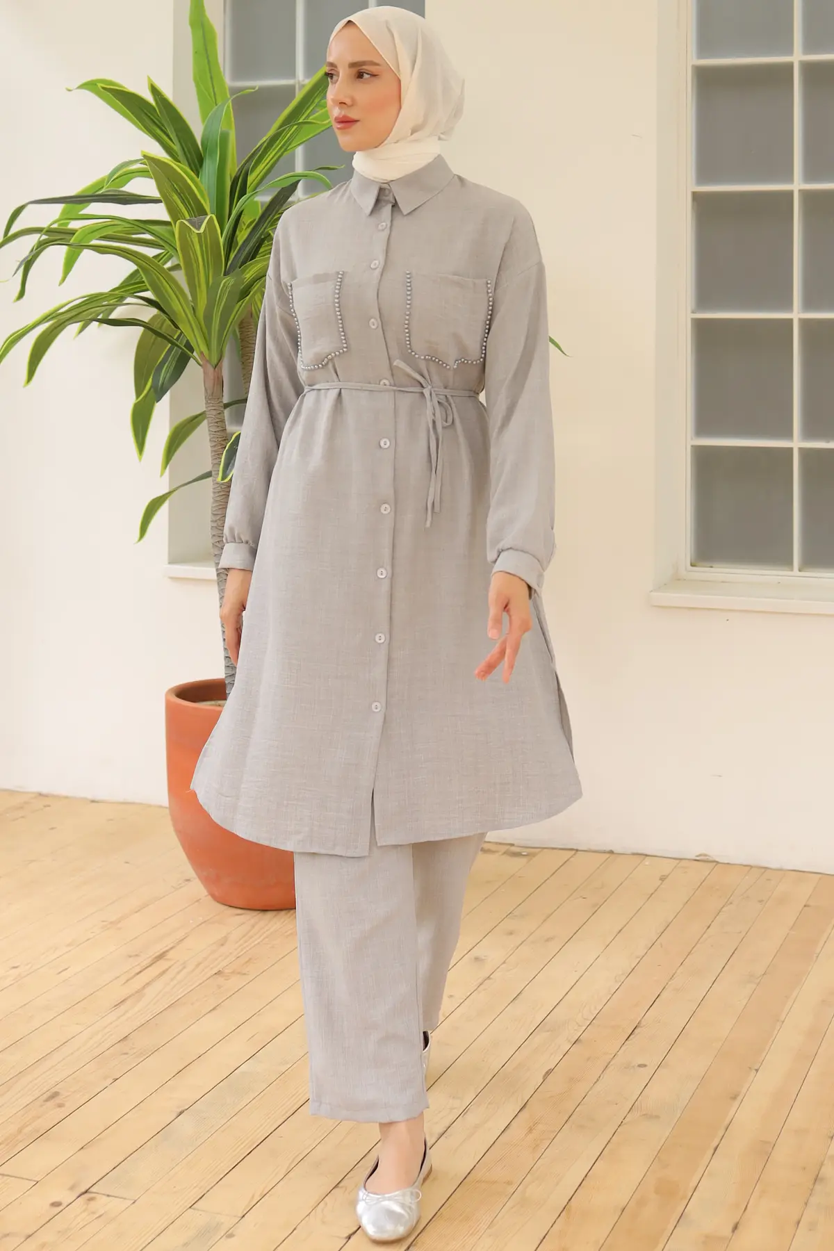 Linen Suit With Long Tunic-detail