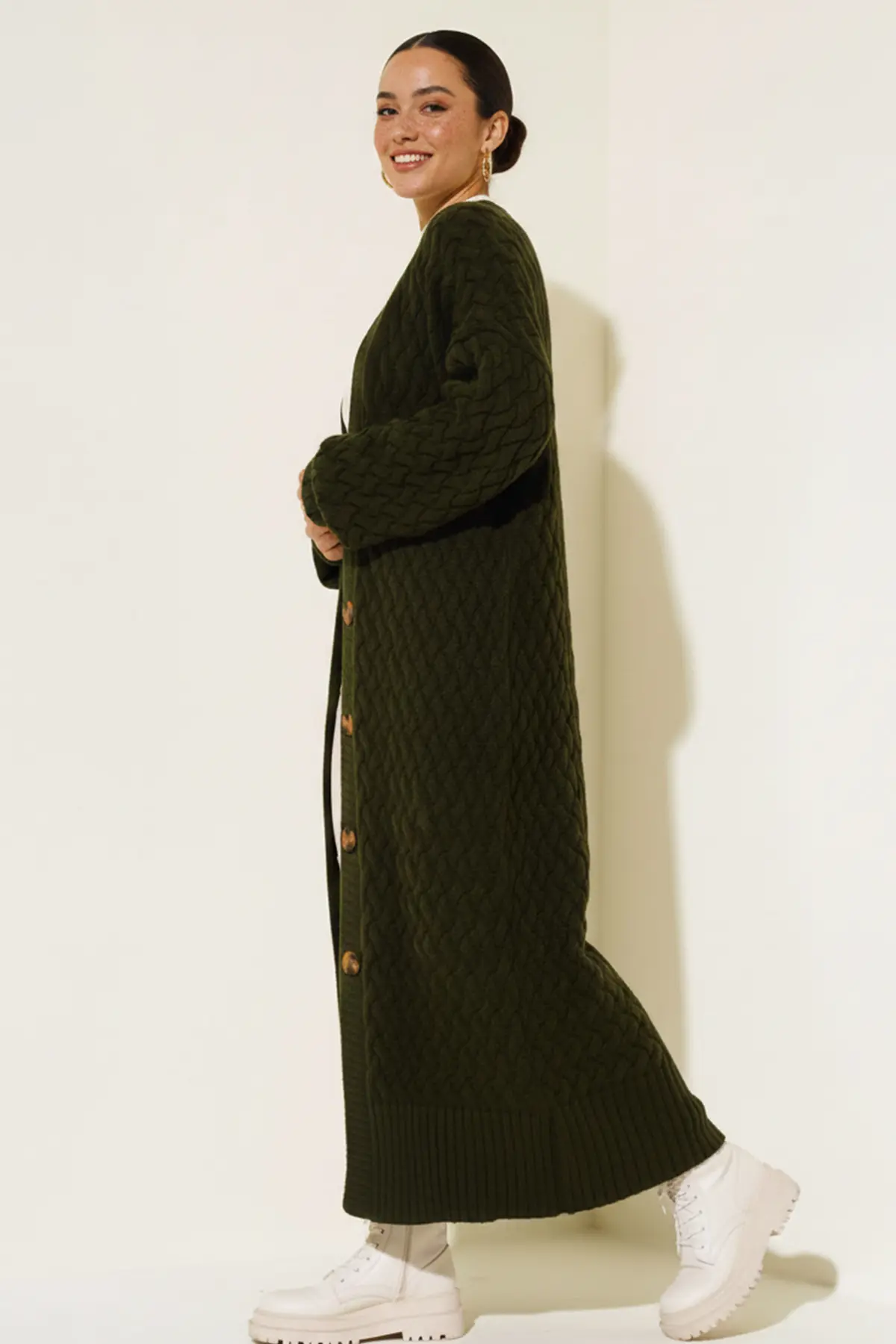 Long Knitted Cardigan With Knitted Pattern-detail