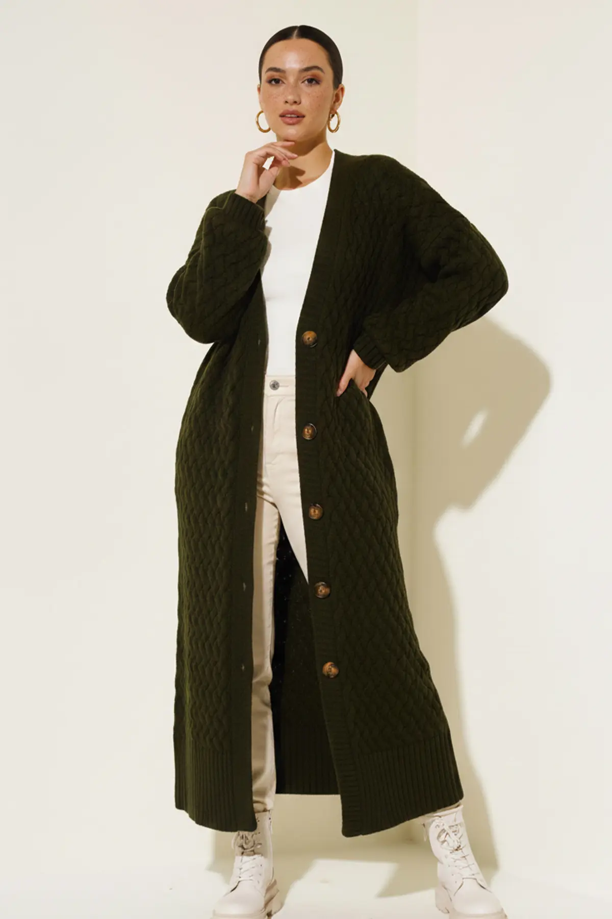 Long Knitted Cardigan With Knitted Pattern
