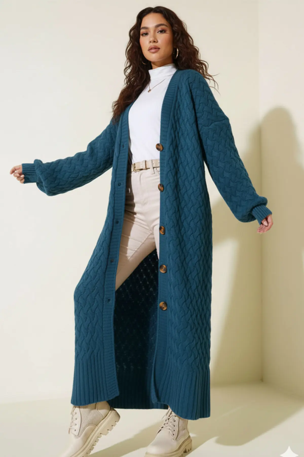 Long Knitted Cardigan With Knitted Pattern-detail