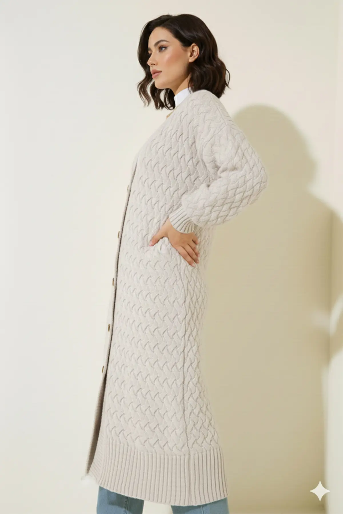 Long Knitted Cardigan With Knitted Pattern-detail