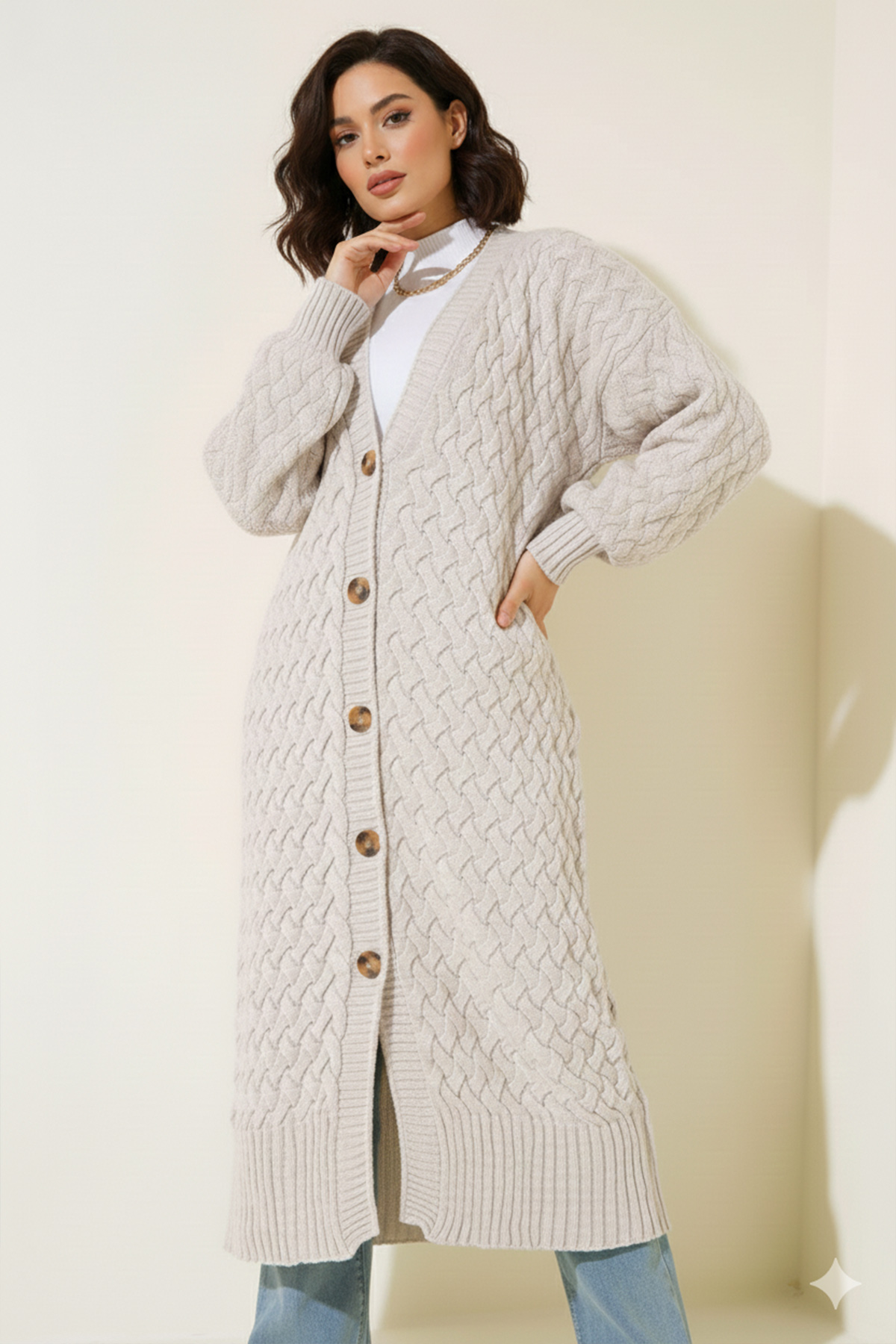Long Knitted Cardigan With Knitted Pattern