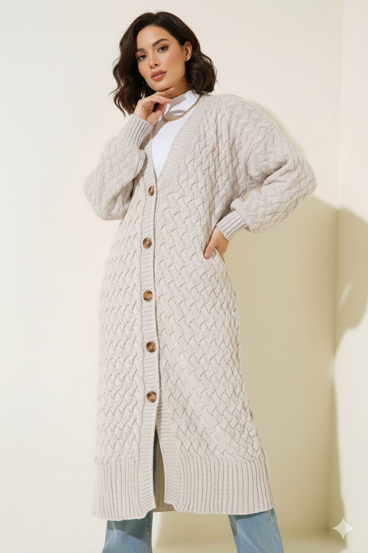 Long Knitted Cardigan With Knitted Pattern