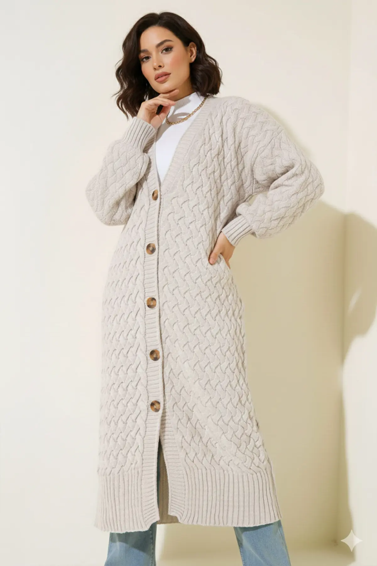 Long Knitted Cardigan With Knitted Pattern