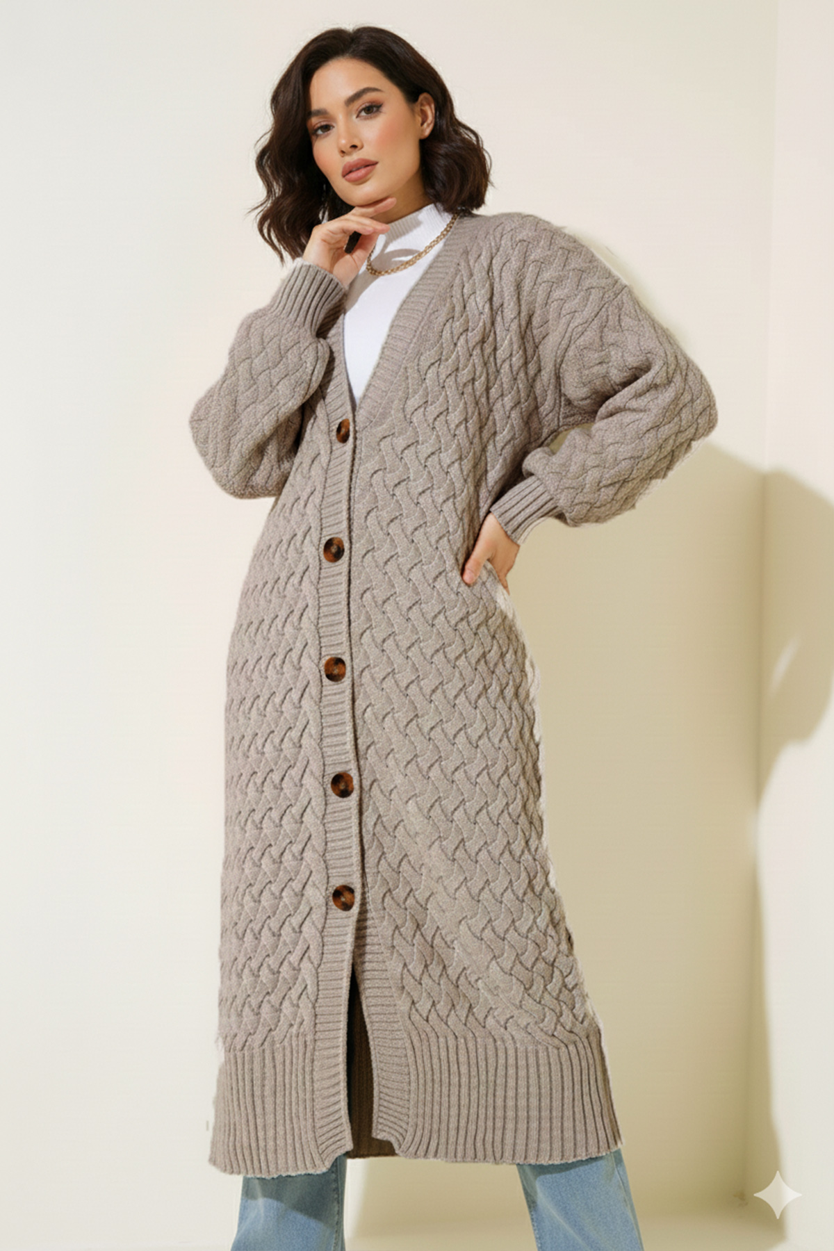 Long Knitted Cardigan With Knitted Pattern