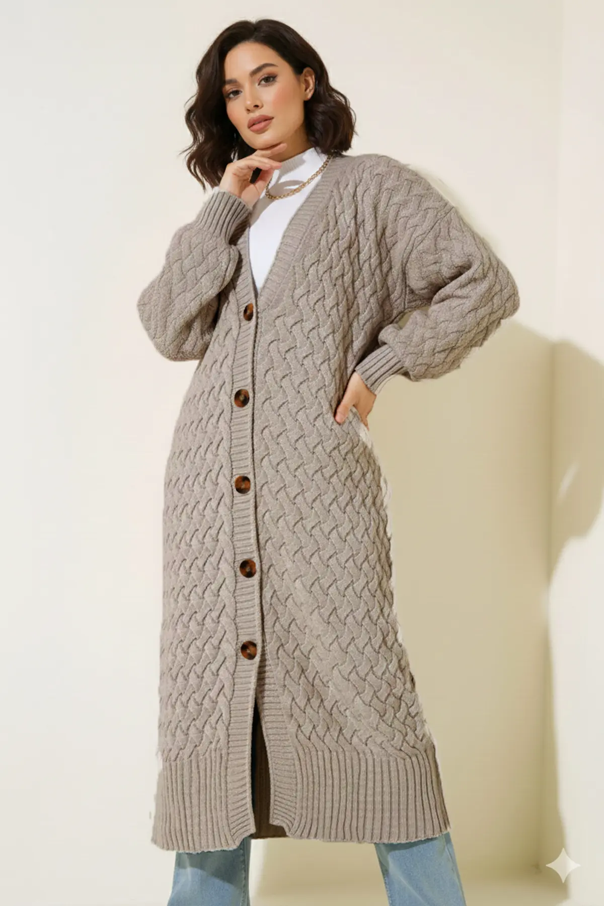 Long Knitted Cardigan With Knitted Pattern