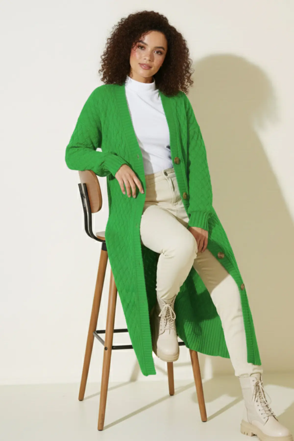 Long Knitted Cardigan With Knitted Pattern-detail