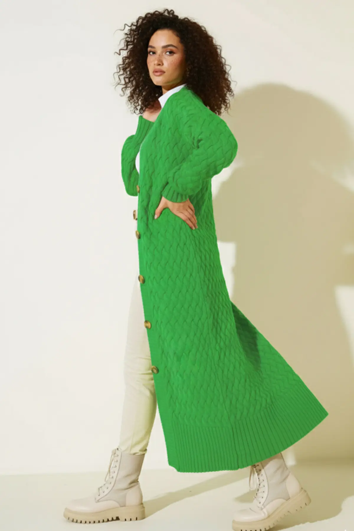 Long Knitted Cardigan With Knitted Pattern-detail