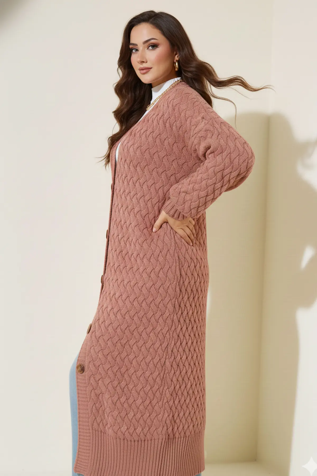 Long Knitted Cardigan With Knitted Pattern-detail