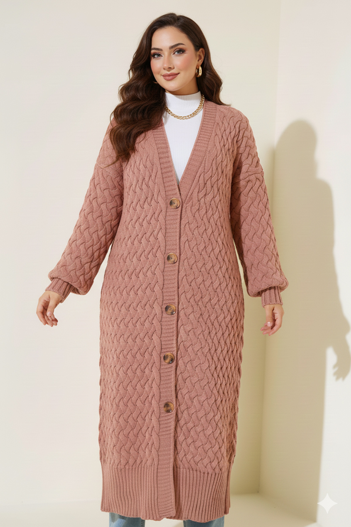 Long Knitted Cardigan With Knitted Pattern