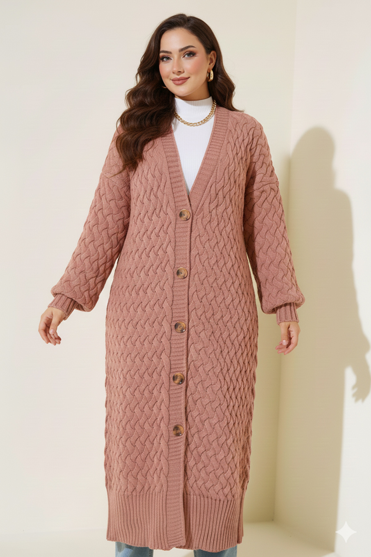 Long Knitted Cardigan With Knitted Pattern
